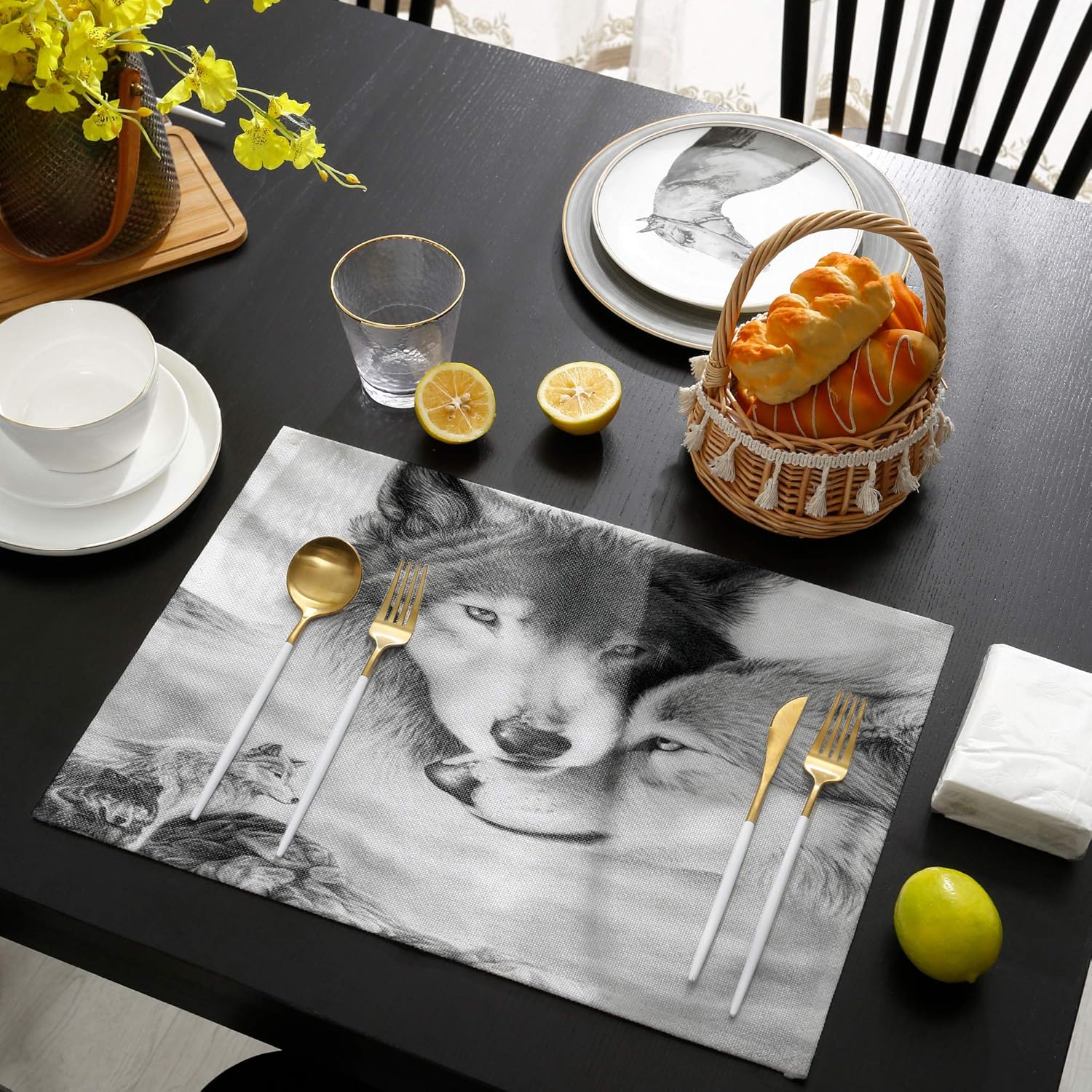 Best Promo Gray Wolf Placemats for Dining Table Set of 6, Beautiful Animals Wildlife Couple Wolf Table Mats Stain Resistant Heat Insulation Non-Slip Washable Table Decoration for Kitchen, Black White