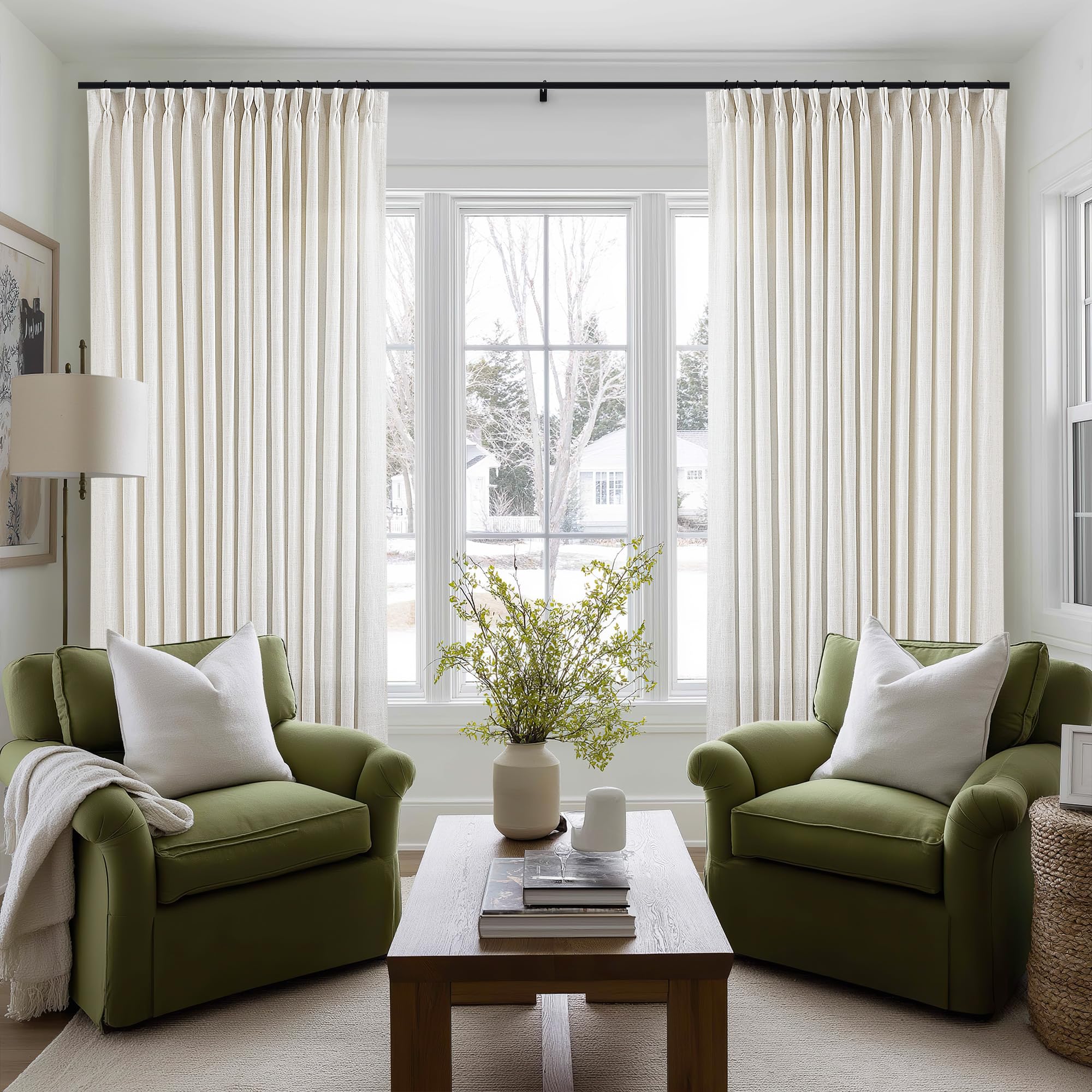 Photo 1 of Extra Wide Pinch Pleat Linen Curtains 108 Inches Long for Living Room Sliding Glass Door 100 Inch Wide Semi Sheer Curtain Cream Ivory Pleated Drape Hooks Rings 100x108 Large Window Curtain 1 Panel