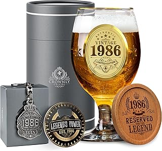 CROWNLY CRYSTAL® 1986 Cadeau 40 Ans Homme Verre à Bière Personnalisé Anniversaire Décoration Idée Cadeau Papa Coffret Original
