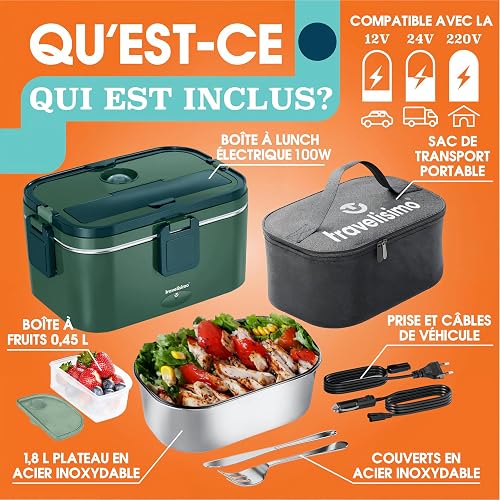 TRAVELISIMO Extra-Large Heated Lunch Box – Holds up to 1.8L 100W Electric Lunch Box, Stainless Steel Heated Lunch Boxes for Adults 3 in 1 for Car, Electric Lunchbox 12V/24V/230V Self Heating Lunchbox - 5