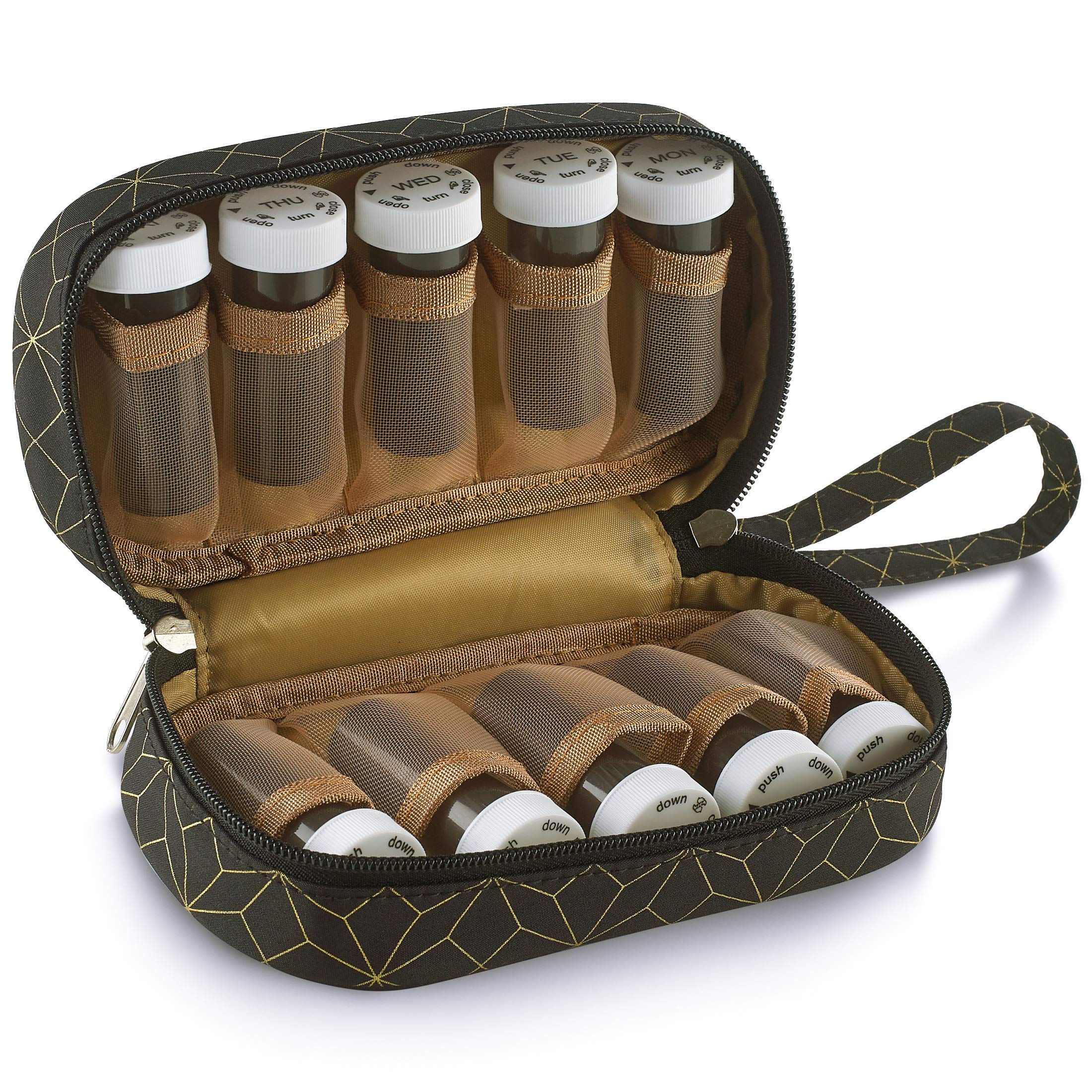 Pastillero y organizador de frascos de píldoras - Bolsa de transporte para frascos de píldoras semanales y diarias con 3 frascos diarios adicionales