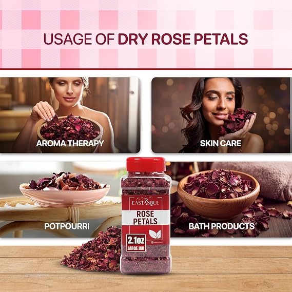 Eastanbul Dried Rose Petals, Edible Rose Petals, Natural, Vegan, 2.1oz | Dried Rose Petals for Herbal Tea, Culinary, Decoration, Sprinkles, Dessert Topping, From Mediterranean Flowers, Gluten Free
