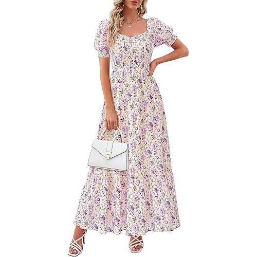 PRETTYGARDEN Women's Floral Boho Maxi Dresses Flowy Short Sleeve A Line Smocked Eyelet 2026 Summer Beach Vacation Clothes