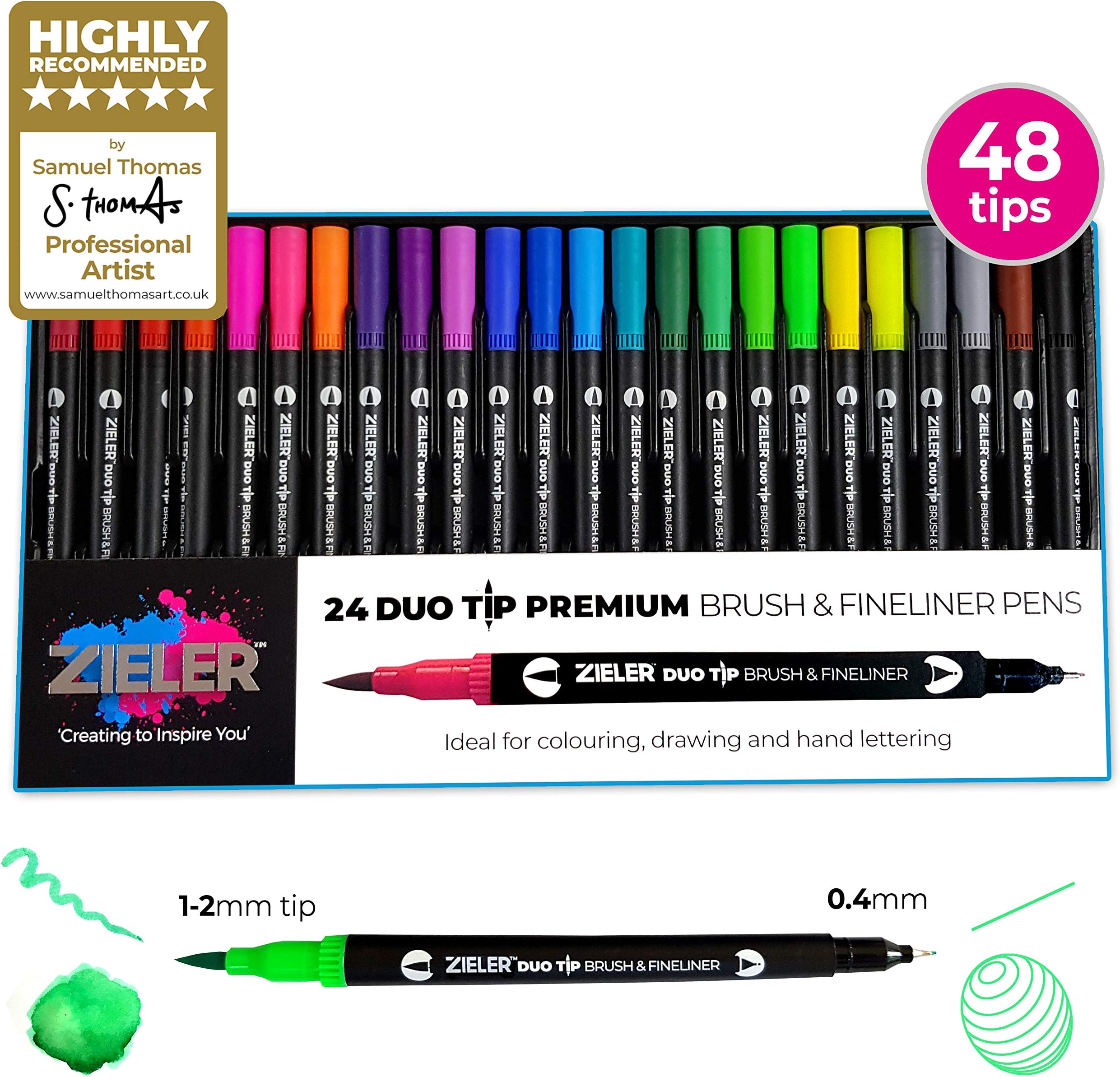 ZielerFineliner Pens & Watercolour Brush Pens (Duo Tip, Set of 24) Ideal for Colouring, Drawing & Hand Lettering - 48 nibs - Vibrant Colours - Washable, Water-Based Ink