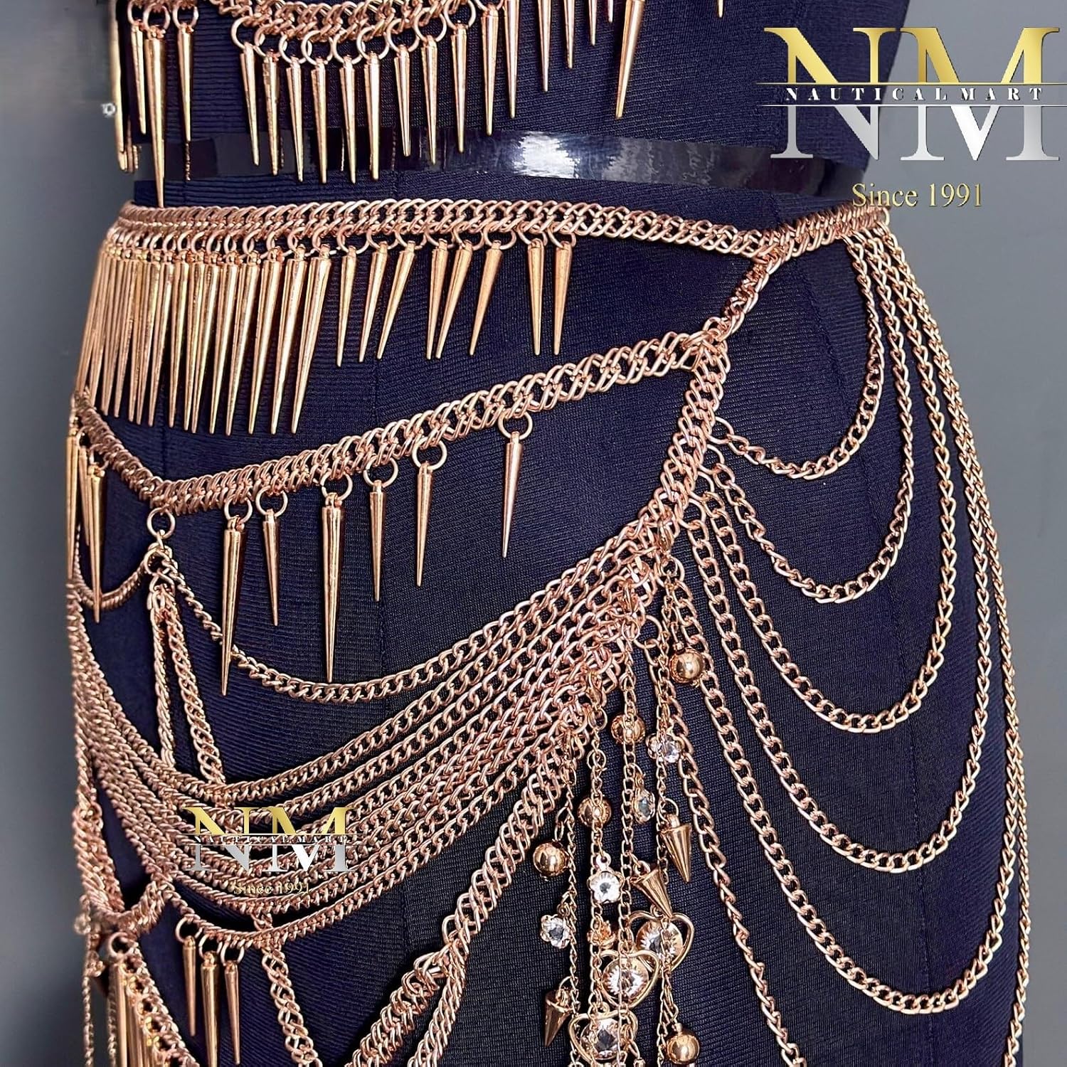 NauticalMart Gold Chain Body Armor Set | Goddess Harness & Skirt, Festival Wear Metal Body Chainmail Fully Wearable Costume For Woman's Perfect For LARP, Cosplay-Roleplay Events, & Pary Wear Costume