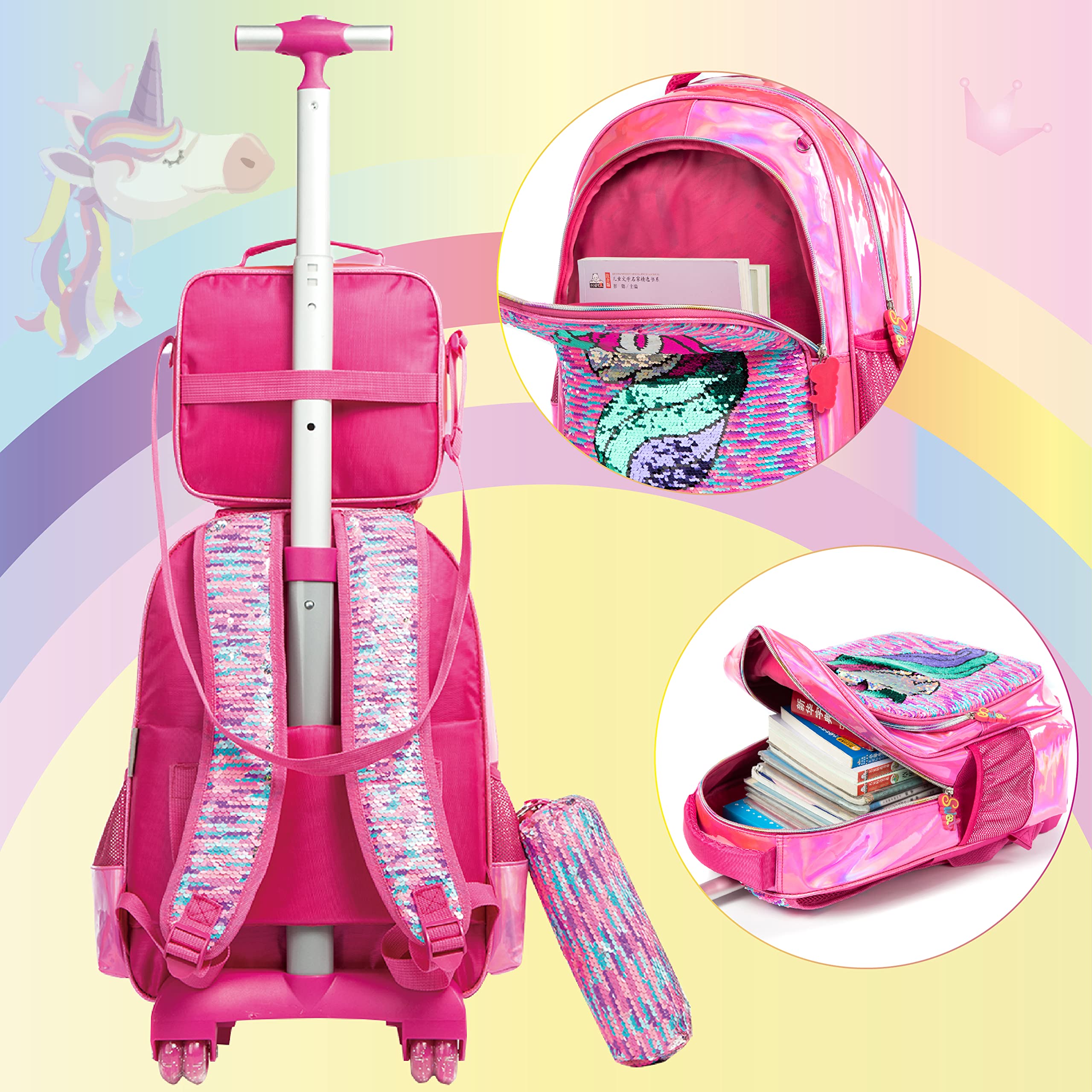 HTgroce Zaini scolastici Ragazza con ruote, Zaini Trolley Scuola con Borsa da pranzo Astuccio scolastico