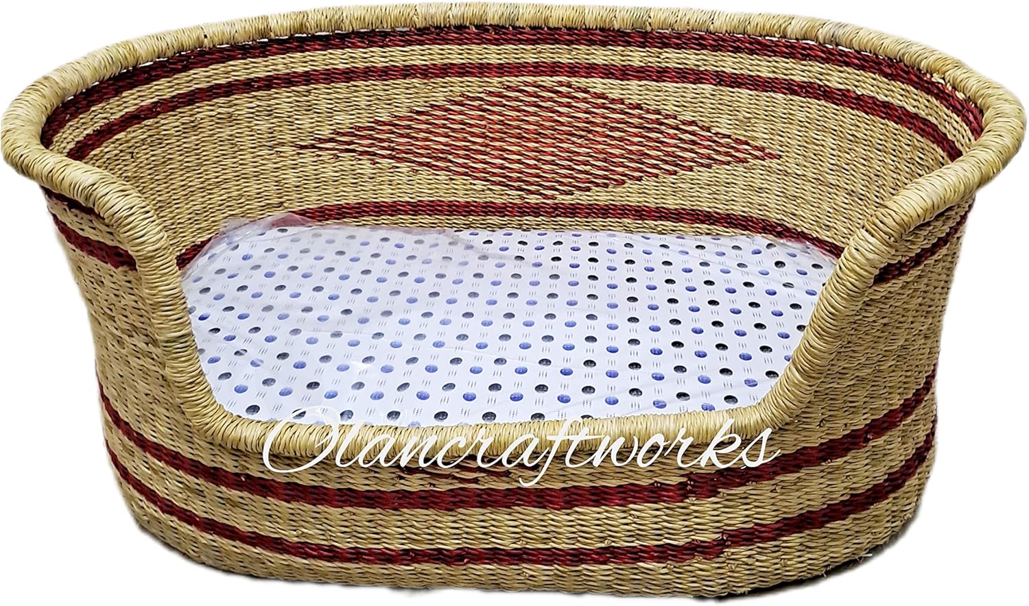Woven Dog Bed- Dog Basket with 3 inches Thick Pad- Bolga Pet Wicker Basket-10x15x24 in-African Basket for Puppy