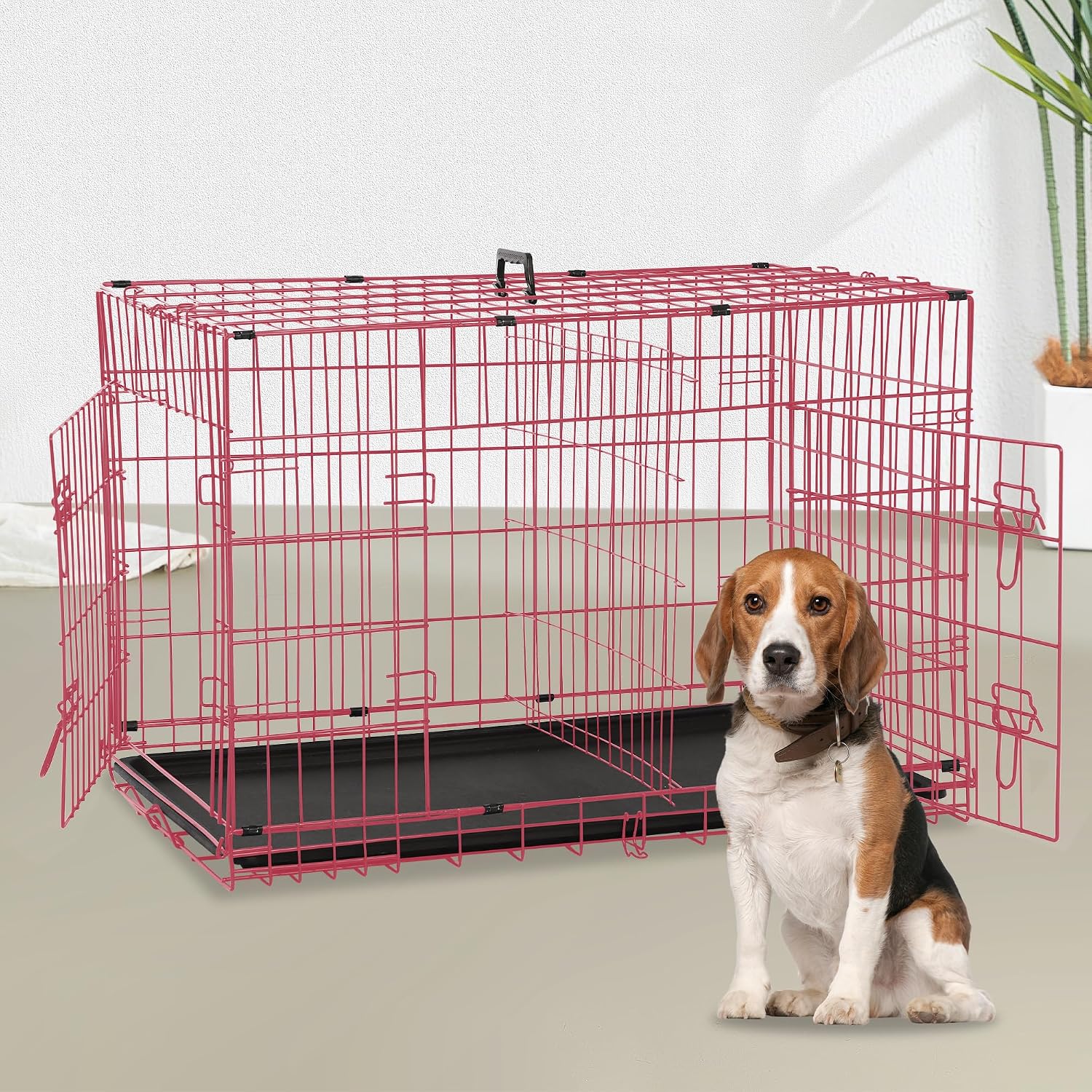 30 Inch Metal Frame Pet Crate,Indoor Dog Kennel with Ventilated Design, Front & Side Door Dog cage with Tray, Suitable for Indoor Training & Rest, Fits Small to Medium Pets -Pink
