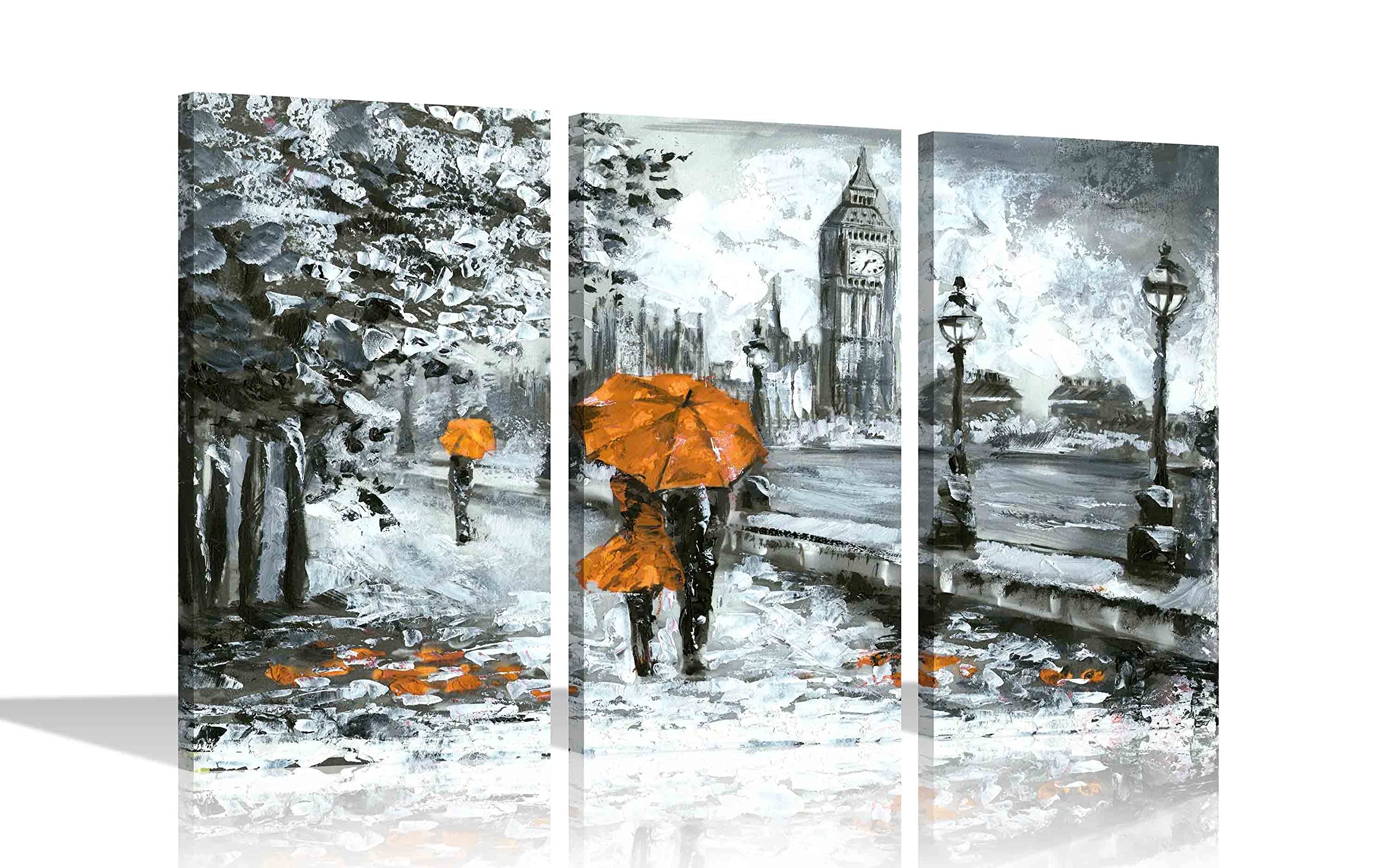 Artley Prints Orange Couple With Umbrella In London Canvas Prints Modern Romantic Pictures For Home Office Livingroom Framed 3 Piece Artwork Xl 76X40cm X 3 (30X16"X3)