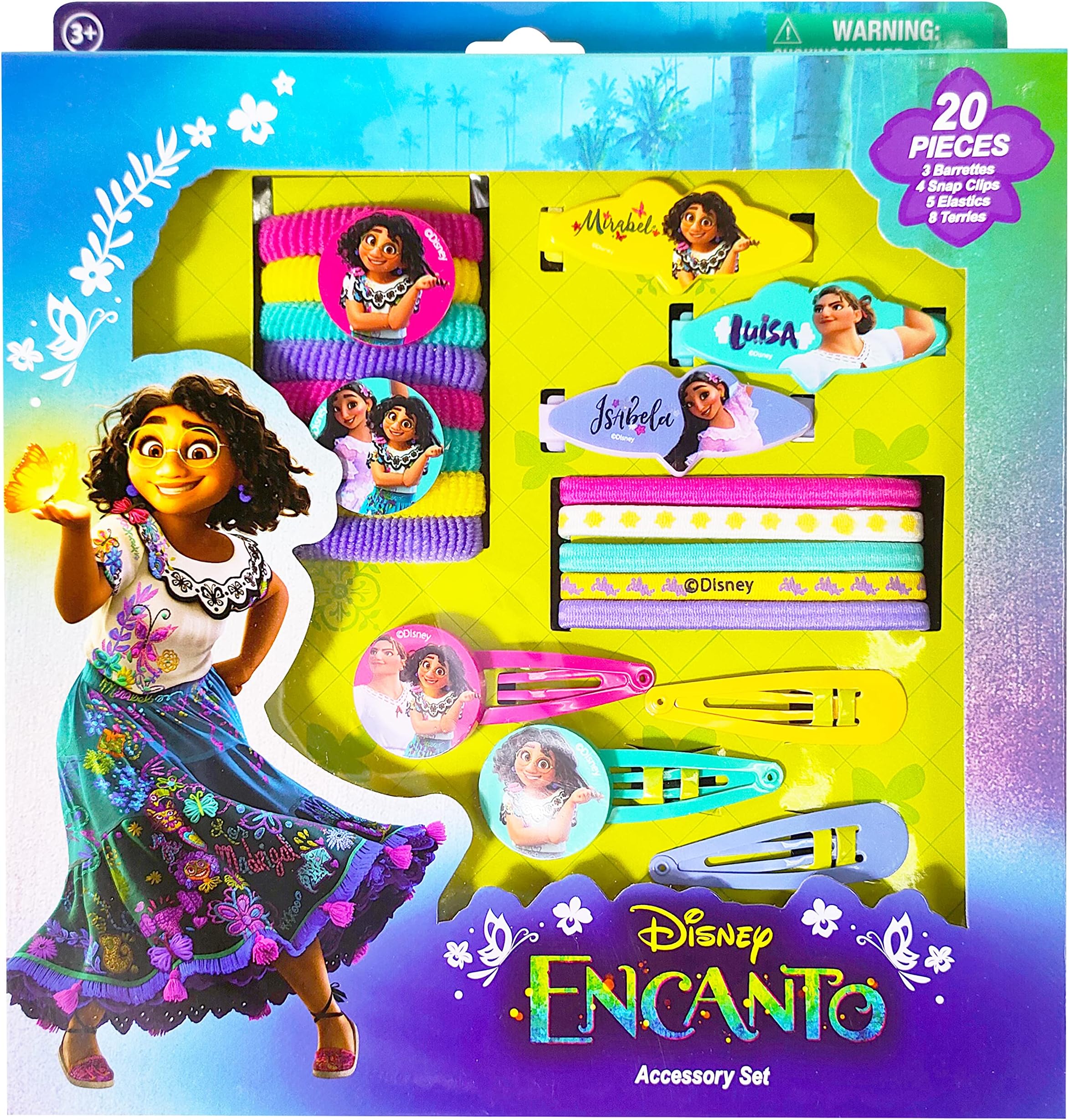 Encanto Girls 20 Piece Accessory Set with 3 Barrettes, 4 Snap Hair Clips, 5 Elastics and 8 Terry Ponies - Ages 3+