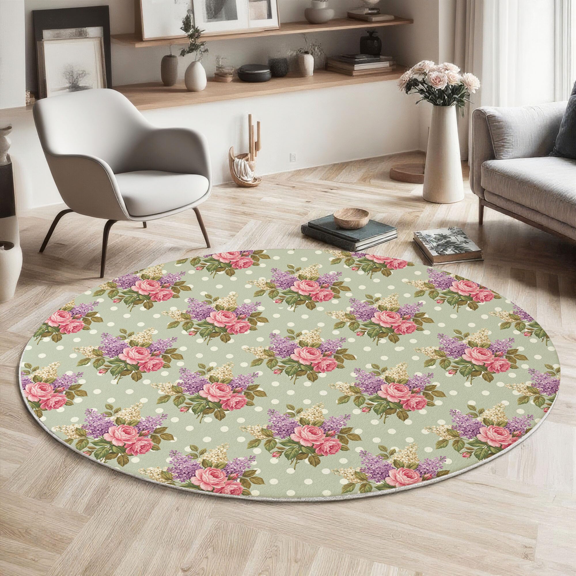 Tapis rond à poils courts lavable en machine 60cm style floral