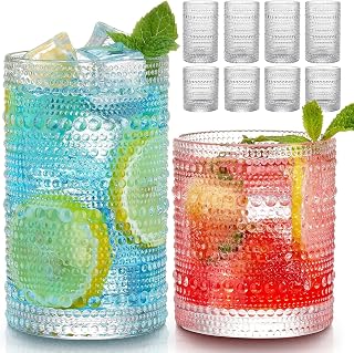 Hlukana Vintage Hobnail Glasses Set of 8: 12oz Highball & 10oz Cocktail Tumblers - Durable Clear Glassware for Water, Beer, Juice, Whiskey