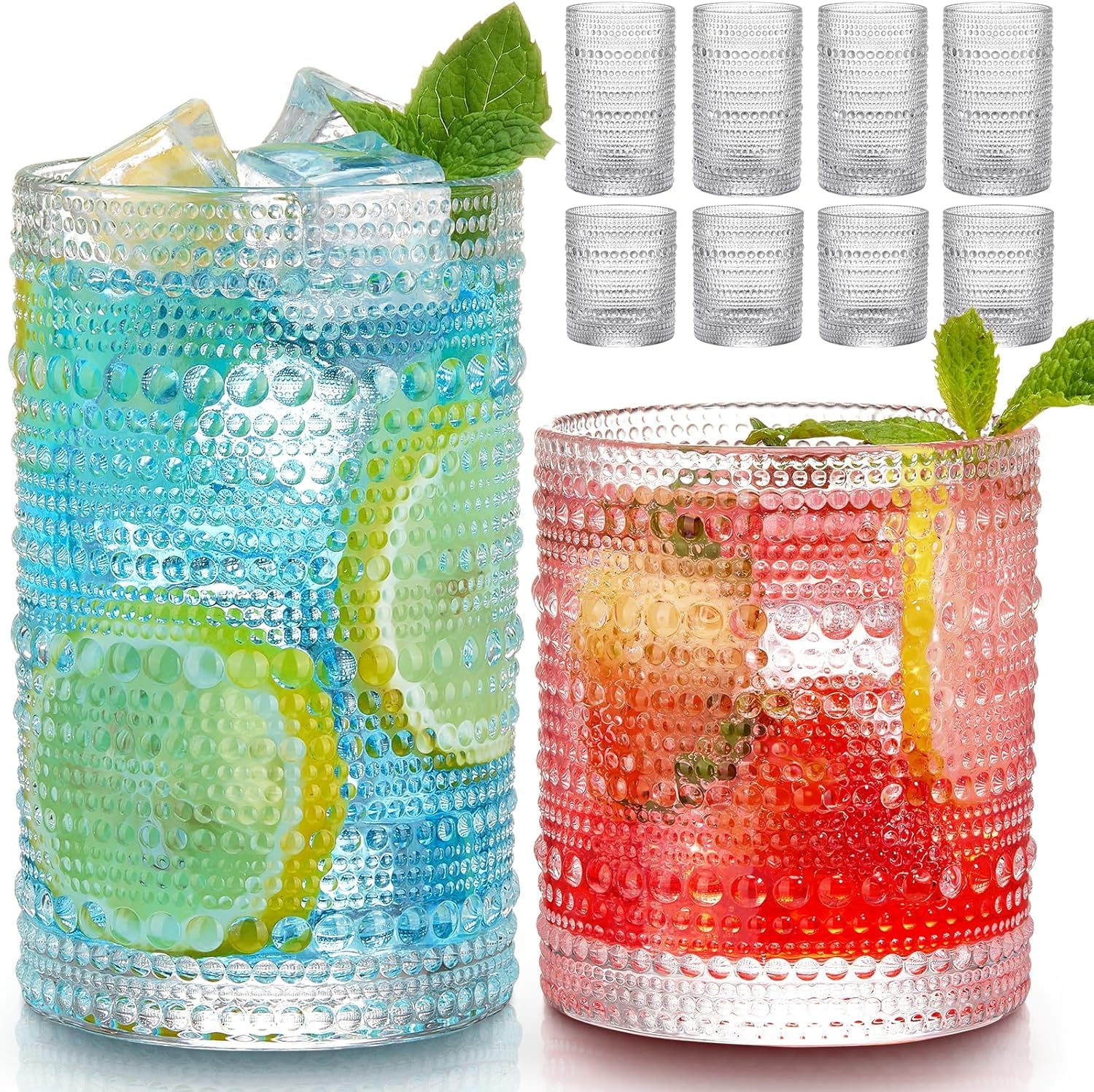 Hlukana Vintage Hobnail Drinking Glasses Set of 8 12 oz Highball Glasses 10 oz Cocktail Glasses Set Kitchen