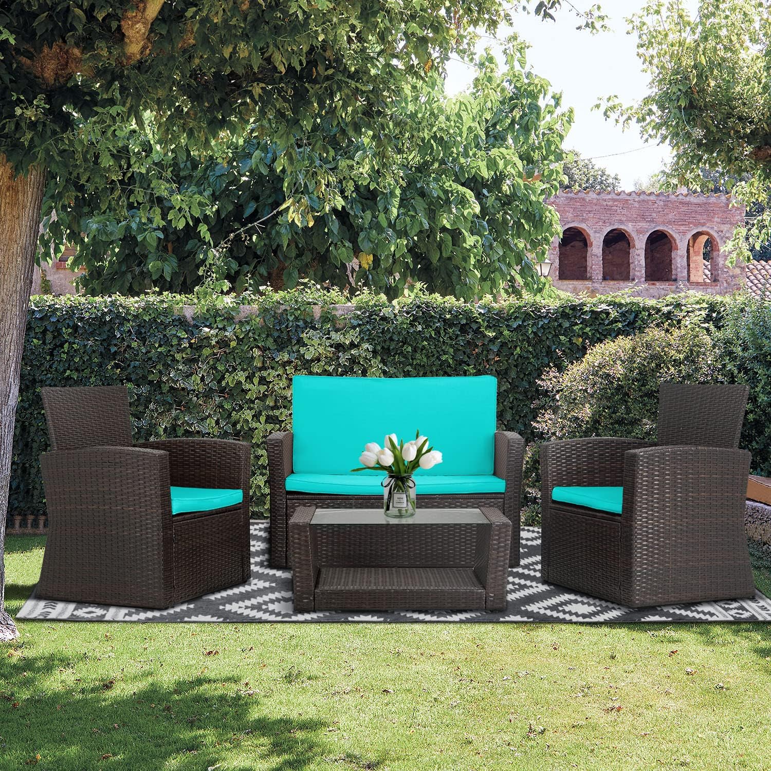 PayLessHere 4 Pieces Patio Conversation Set, Outdoor PE Rattan Wicker Sofa Furniture Set with Soft Cushions and Glass Coffee Table for Backyard Lawn Garden Balcony Porch Poolside (Blue)