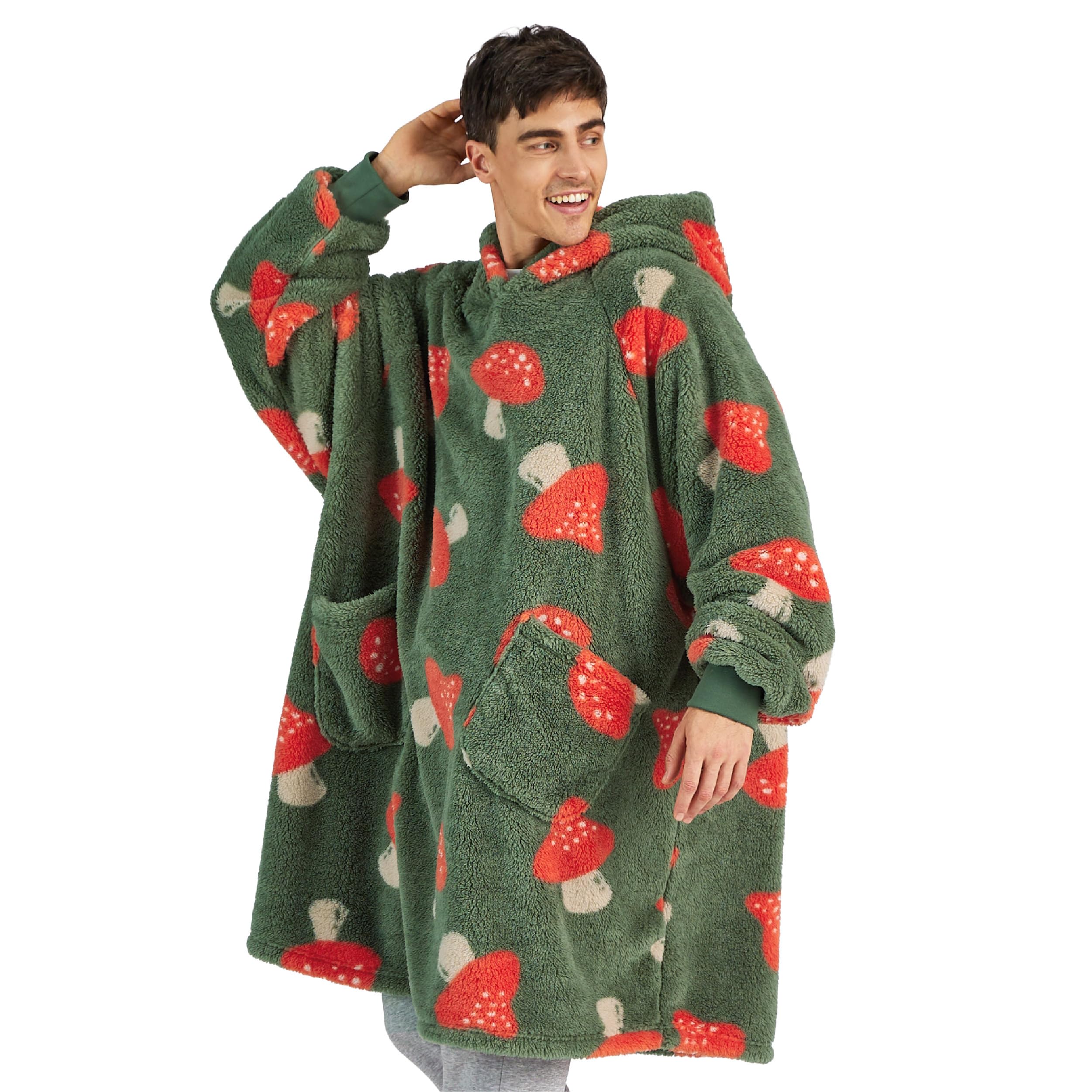 BEDSURE Manta con capucha con mangas, suéter de peluche como regalo para mujeres, manta portátil de gran tamaño, manta con mangas, regalo para hombre y mujer, diseño de seta impresa, 107 x 90 cm