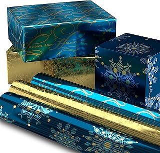 Hallmark Foil Holiday Wrapping Paper with Cut Lines on Reverse (3 Rolls: 60 sq. ft. ttl) Elegant Navy Blue and Gold for Ch...