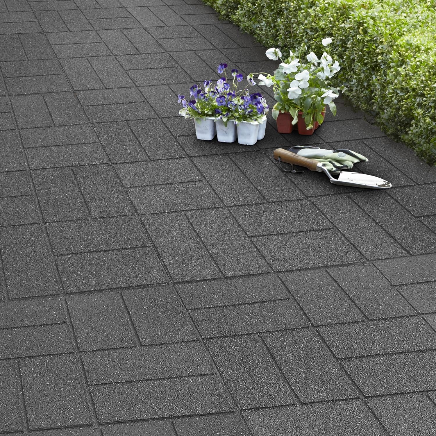 Tierra Verde 4 Pack Brick Rubber Paver, 16" x 16" Outdoor Floor Tiles, Grey - Customizable Weatherproof Flooring for Yards, Gardens, and Walkways