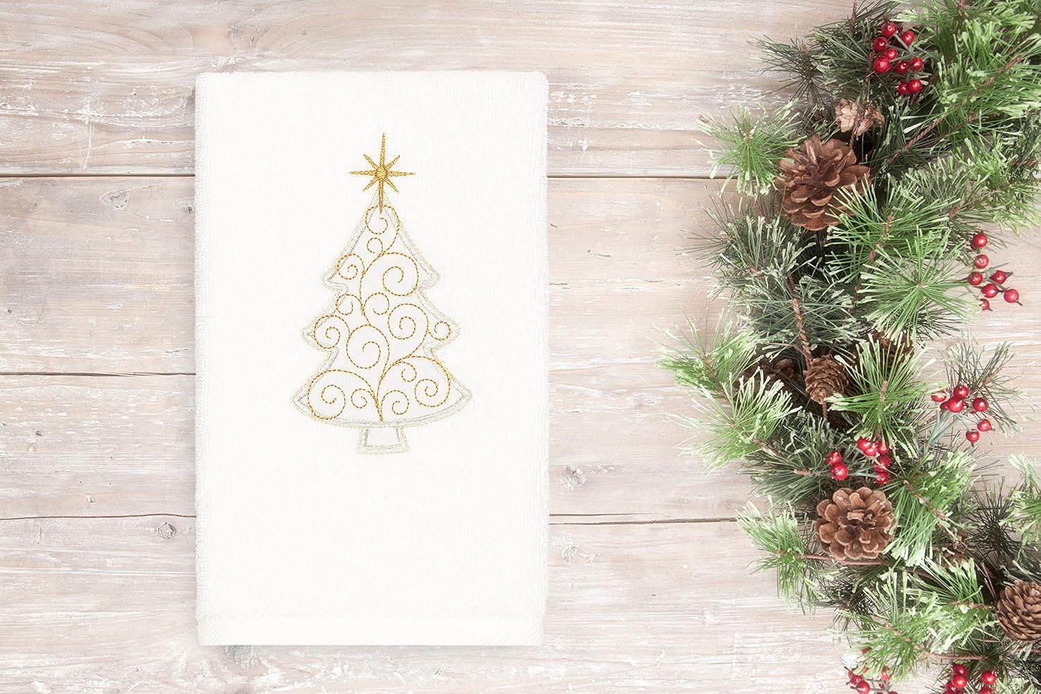 Luxury 100% Cotton Hand Towel - Turkish Terry Embroidered with Christmas Scroll Tree - White