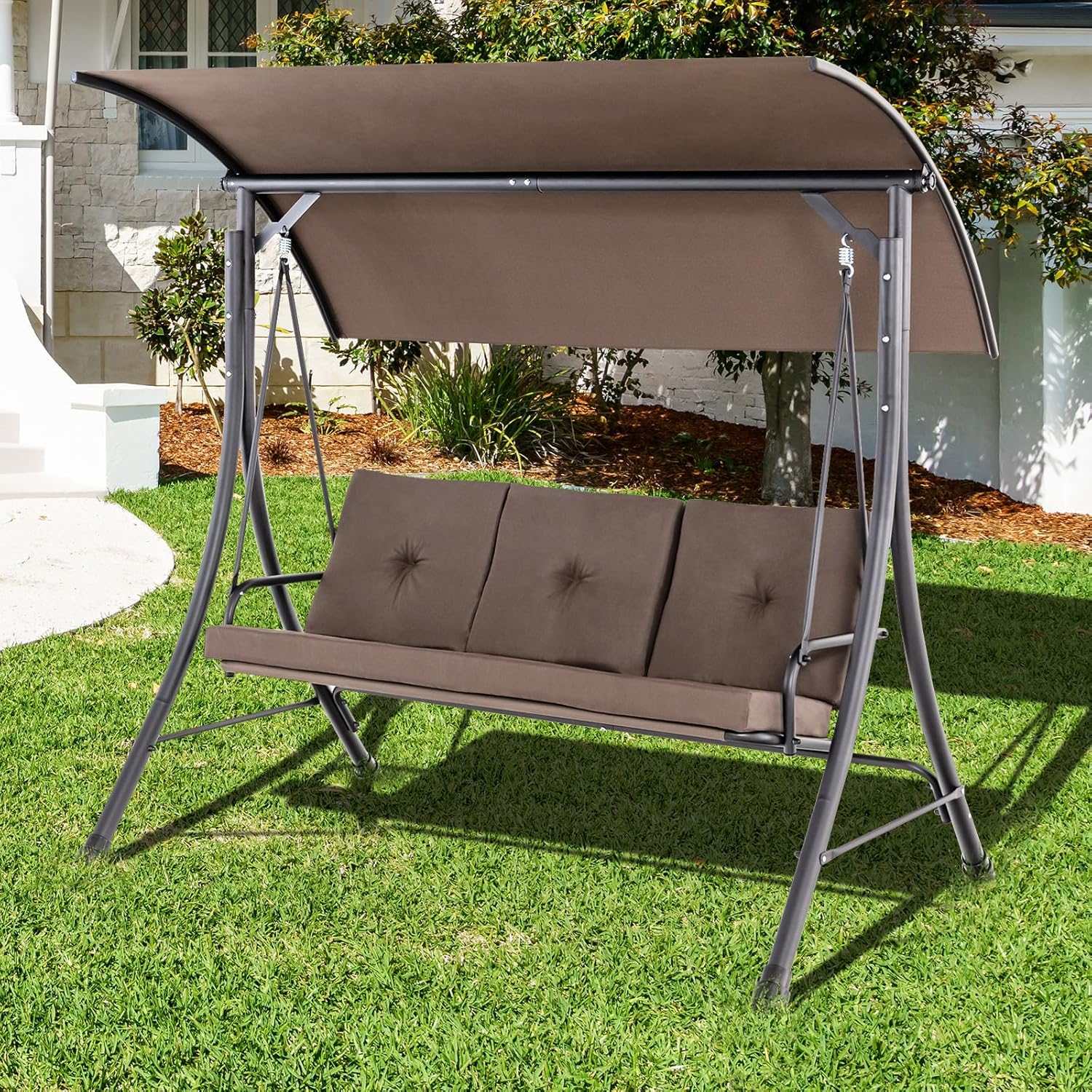 Tangkula 3 Person Porch Swing, Outdoor Swing with Removable Cushions, Solid Steel Structure, Patio Swing with Adjustable Canopy for Garden, Backyard, Balcony, Poolside