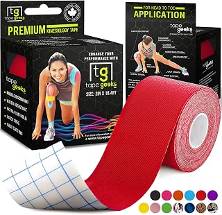 TapeGeeks Kinesiology Tape Athletic Tape - Hypoallergenic Sports K Tape, Kinetic Tape, Medical Tape, Weightlifting Tape, Gym Tape, Wrist Tape, Muscle Tape, Knee Tape, Ankle Tape, Chest Tape, Arm Tape