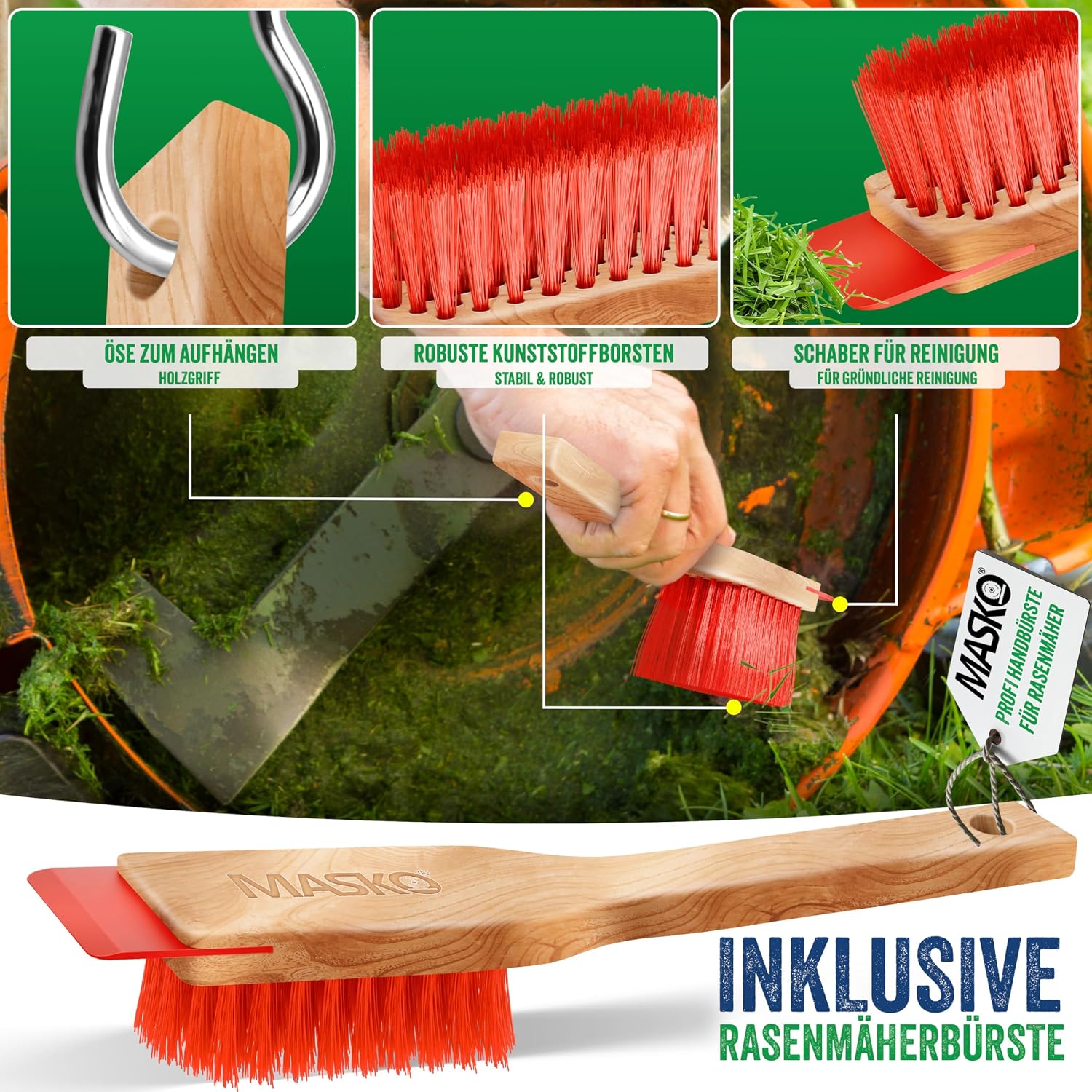 Close-up of a MASKO cleaning brush with a wooden handle and red bristles, designed for lawnmower maintenance.