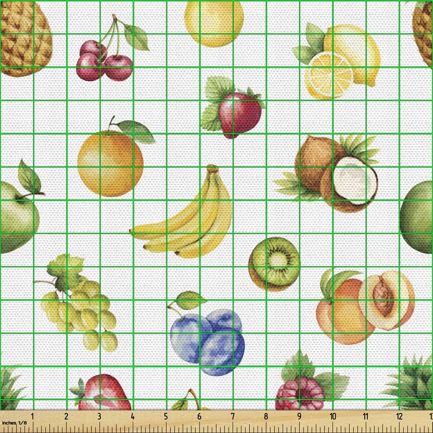 Lunarable Nature Fabric by The Yard, Watercolor Style Effect Fruits Like Banana Grape Lemon Plum Cherry Illustration, Decorative Fabric for Upholstery and Home Accents, 2 Yards, Green Yellow