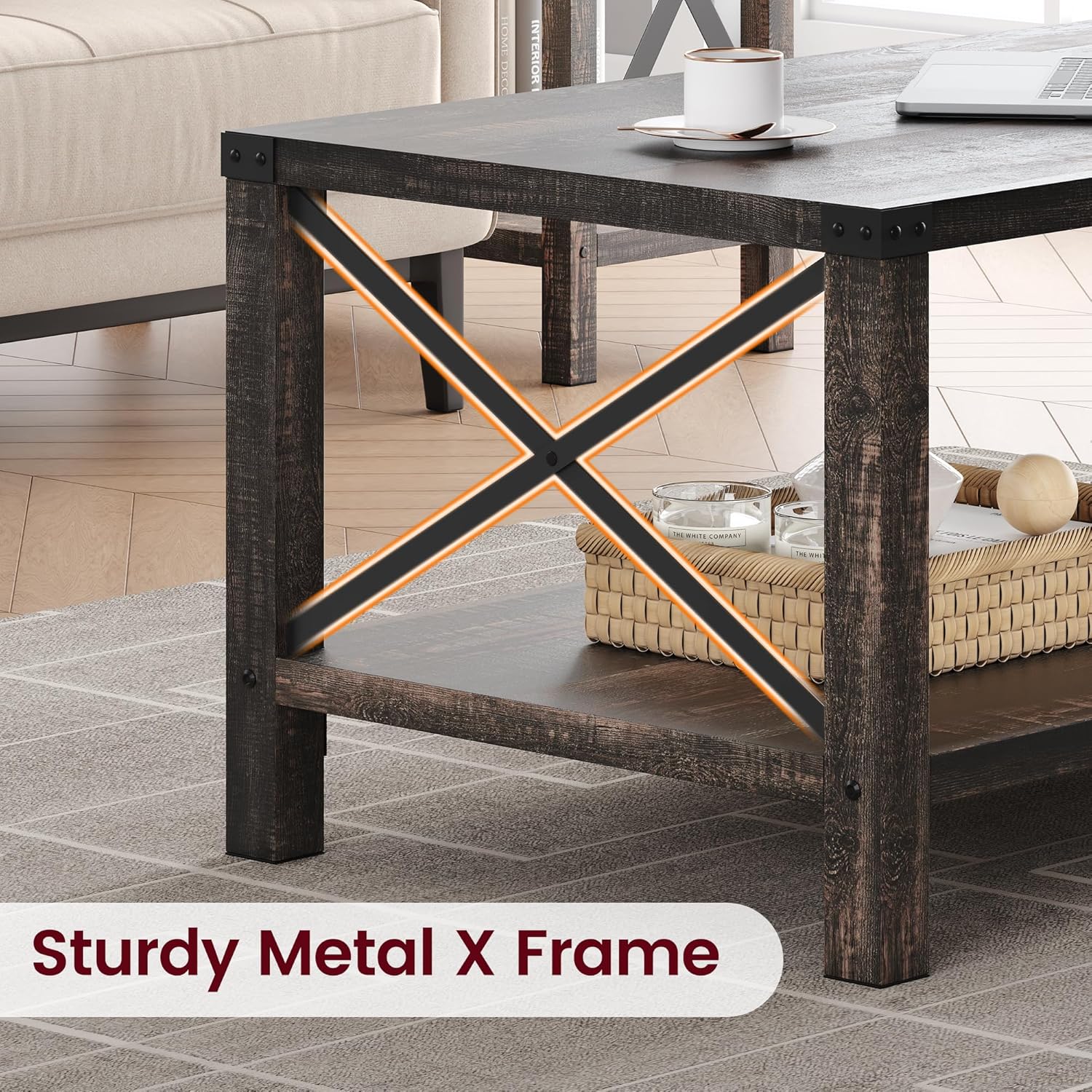 IDEALHOUSE Farmhouse Coffee Table 2-Tier Rustic Center Table Living Room Rectangle Cocktail Table Vintage Wood Look Tea Table with Shelf and X Metal Frame, Easy Assembly