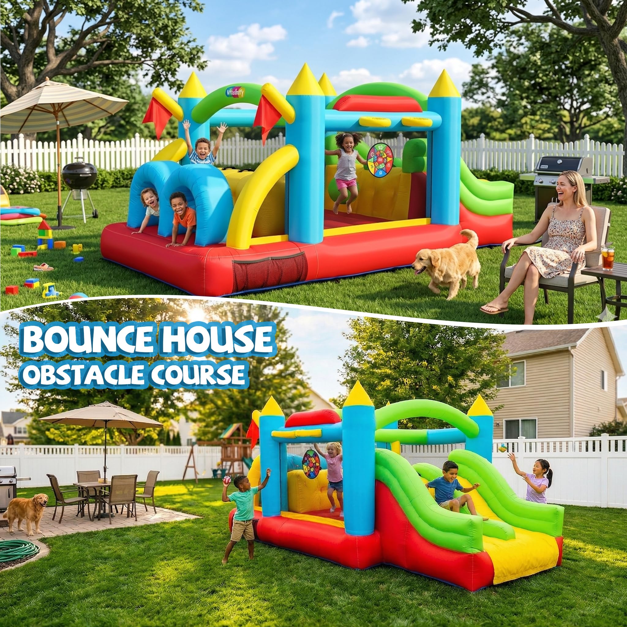 Grand château Gonflable pour Enfants 2 en 1 - Kit de Trampoline Gonflable - Parcours d'obstacles Gonflable - Centre de Jeu pour Jardin - Kit Complet avec Ventilateur (Connexion château B)