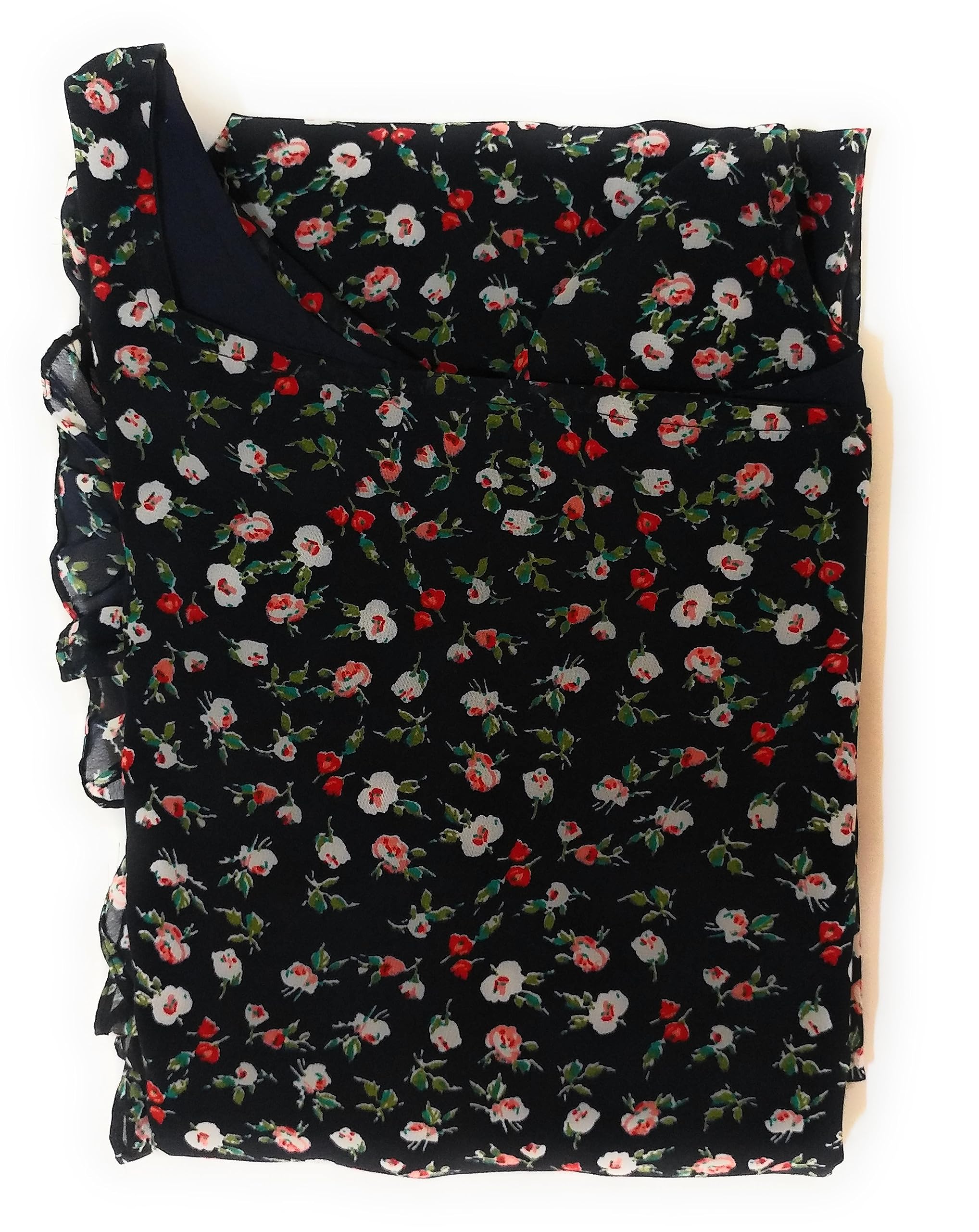 FINEDEAL Women's Georgette Floral Print Kurta with Side Slit, Frill Sleeve, Navy Blue