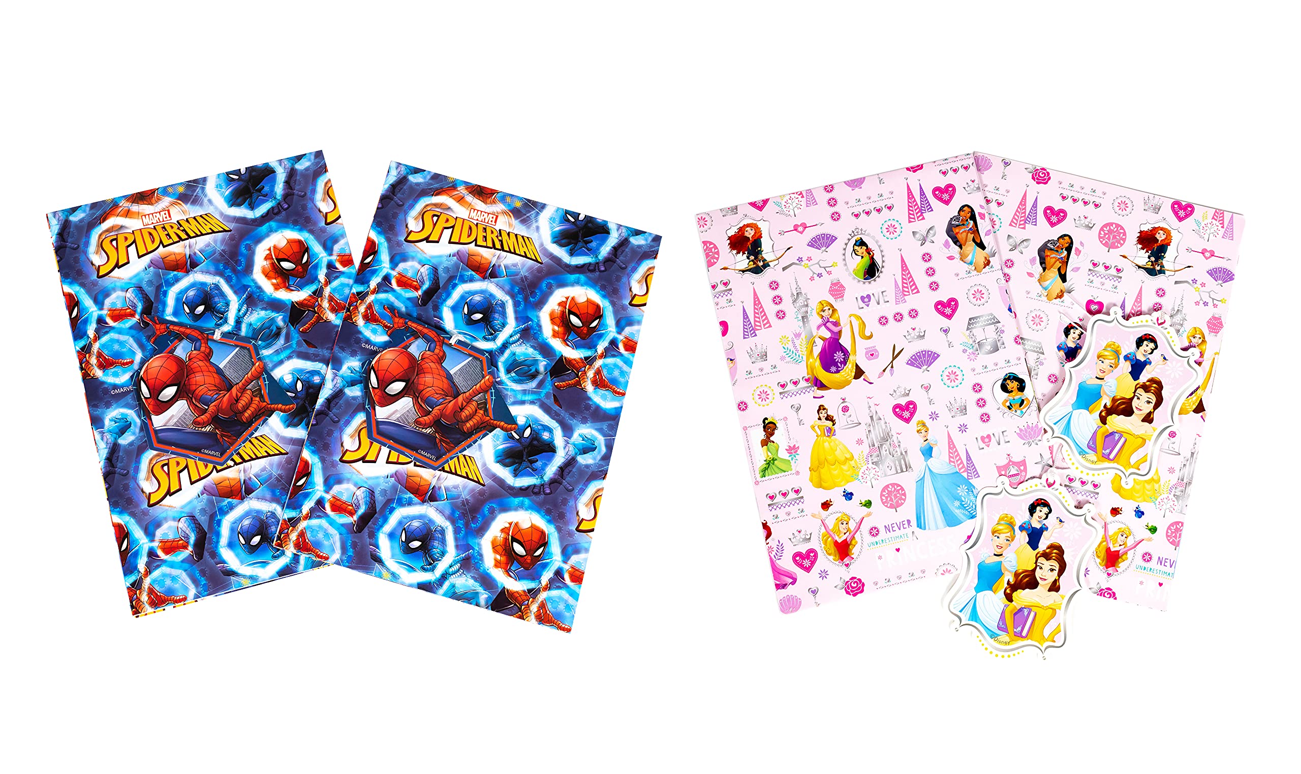 Giftmaker - Wrapping Paper Sheets & Gift Tag Selection Pack - Pack x 8 (4 x 2 Sheets & Gift Tags) - Spider-Man And Disney Princess Wrapping Paper Sheets