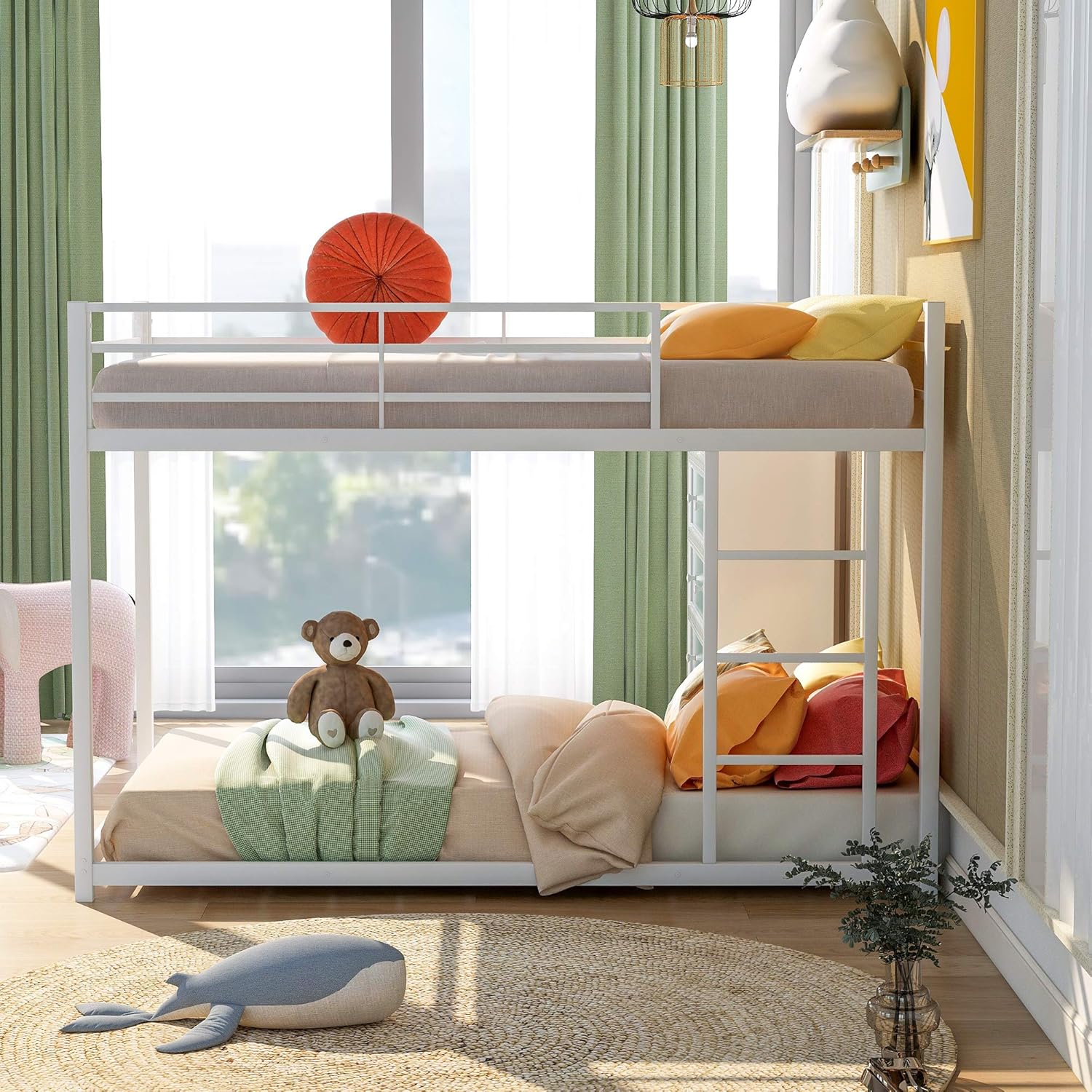 Metal Bunk Bed Low Bunk Bed with Ladder Heavy Duty Bed Frame with Safety Guard Rails & Flat Ladder for Kids Teens Adults, No Box Spring Needed (Twin, White)