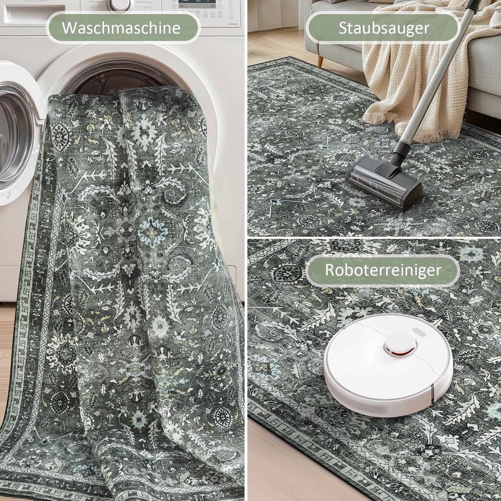Groß Teppich Wohnzimmer 200x290cm Waschbar in Waschmaschine Vintage Boho Kurzflor Carpet Weich Antirutsch Rugs for Living Room Schlafzimmer Esszimmer, Grüner Teppich