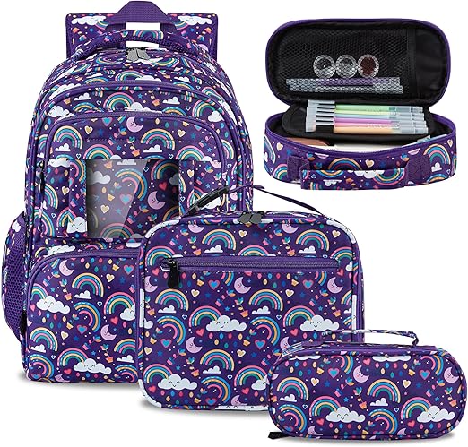 Kids Backpack for Girls,3Pcs Waterproof Toddler Backpacks with Lunch Box & Pencil Pouch - Lightweight School Backpack Purple Bookbag for Ages 3+ Elementary Middle School Teens - Rainbow