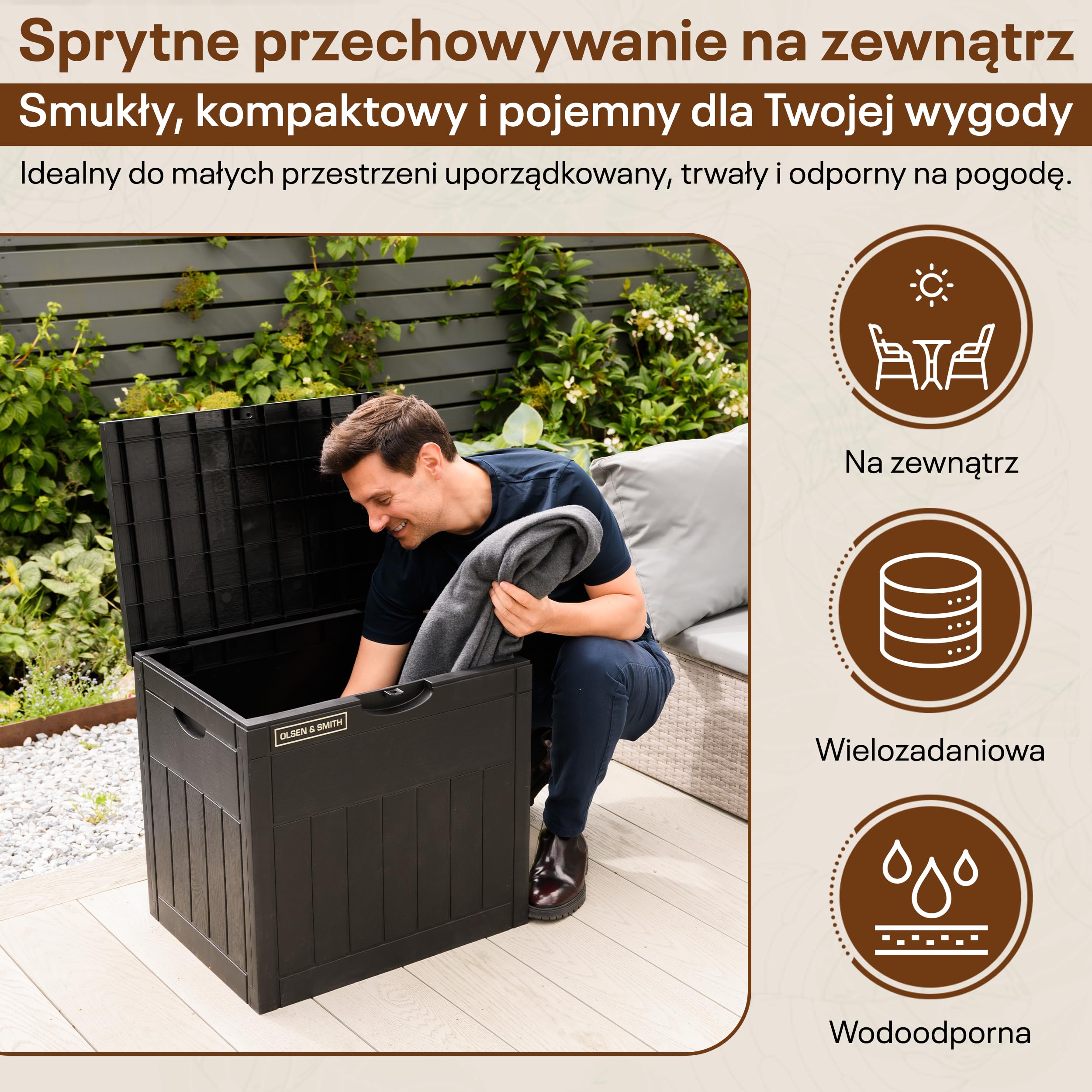 Olsen & Smith – Ogrodowa Skrzynia 126L | Wodoodporna i Odporna na Warunki Pogodowe | Zamykana Plastikowa Skrzynia | Pojemnik na Poduszki do Ogrodu, Na Balkon i Taras | Odporna na warunki atmosferyczne, efekt drewna, czarna skrzynia na poduszki, narzędzia,