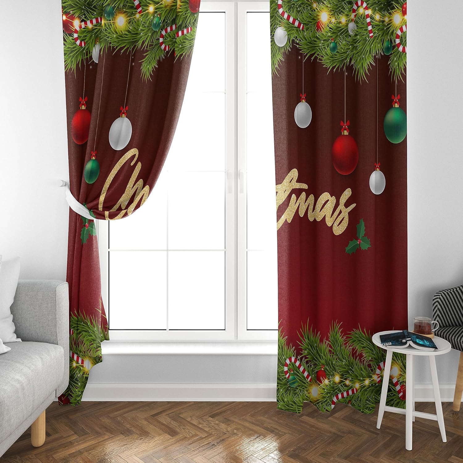 Christmas Curtains for Bedroom,Gradient Abstract Christmas Tinsel Colorful Balls Winter Xmas Theme Blackout Window Curtains Home Decor for Living Room Party 21x45in,2 Panel Set