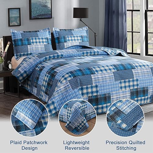 Miniatura 4 de Juego de edredón tamaño Queen colcha de retazos azules a cuadros ropa de cama para hombres y niños colcha reversible para el hogar colcha ligera