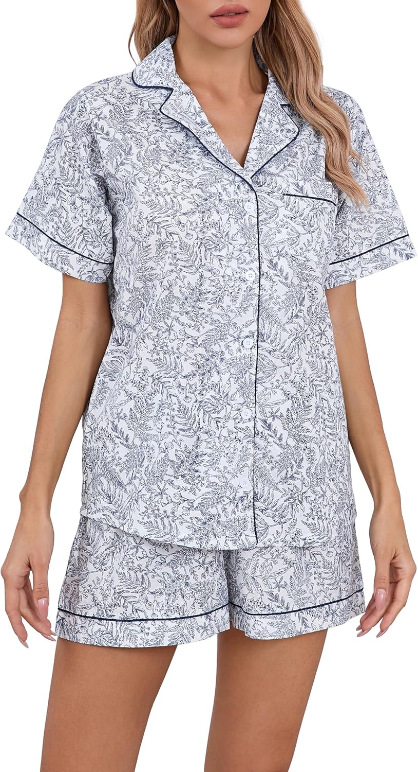 LUBOT 100% Cotton Pajamas for Women 2 Piece PJ Set Woven Poplin Ladies Button Down Short Sleeve Summer Sleepwear S-XXL