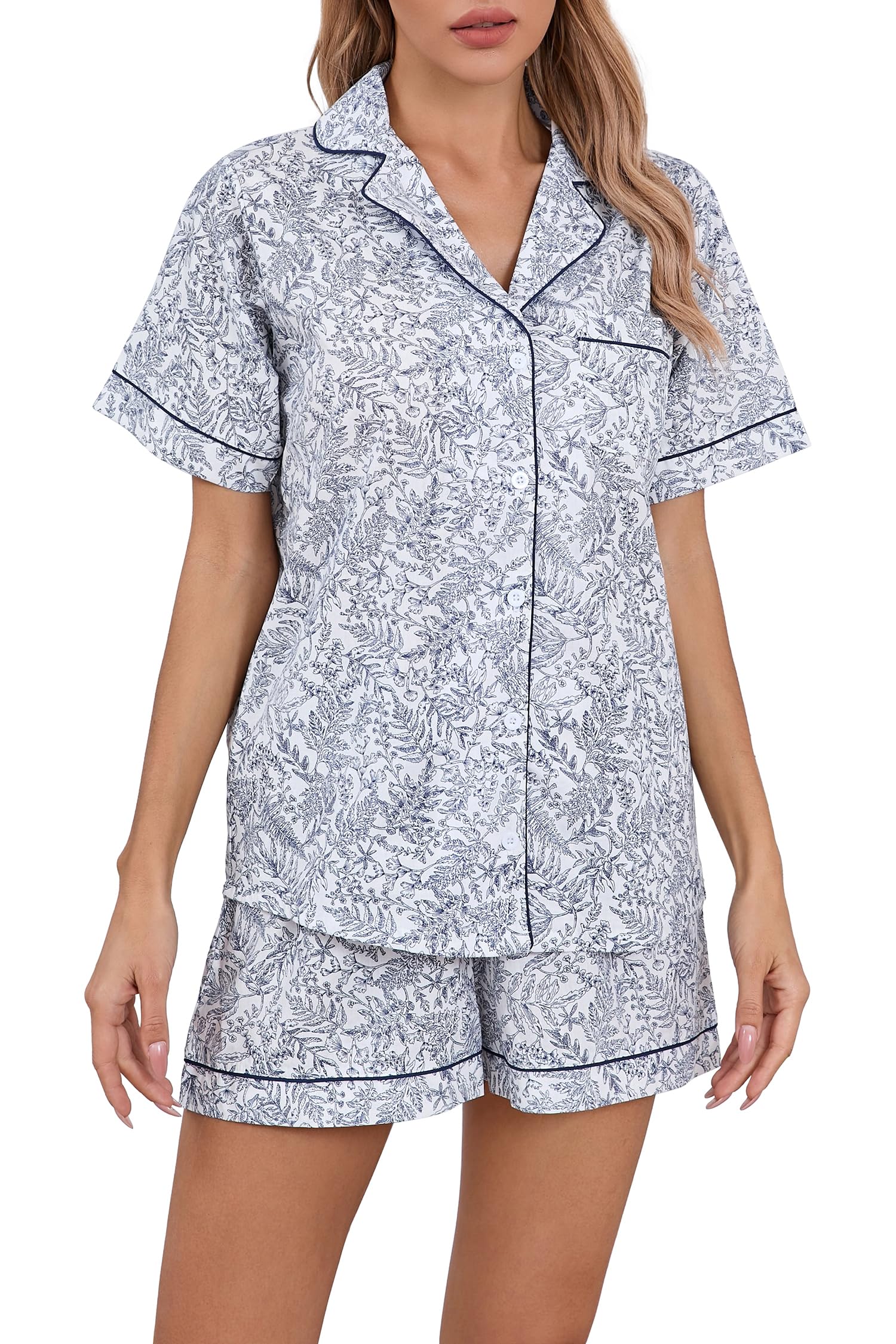 LUBOT 100% Cotton Pajamas for Women 2 Piece PJ Set Poplin Woven Lightweight Ladies Button Short Sleeve Sleepwear S-XXL
