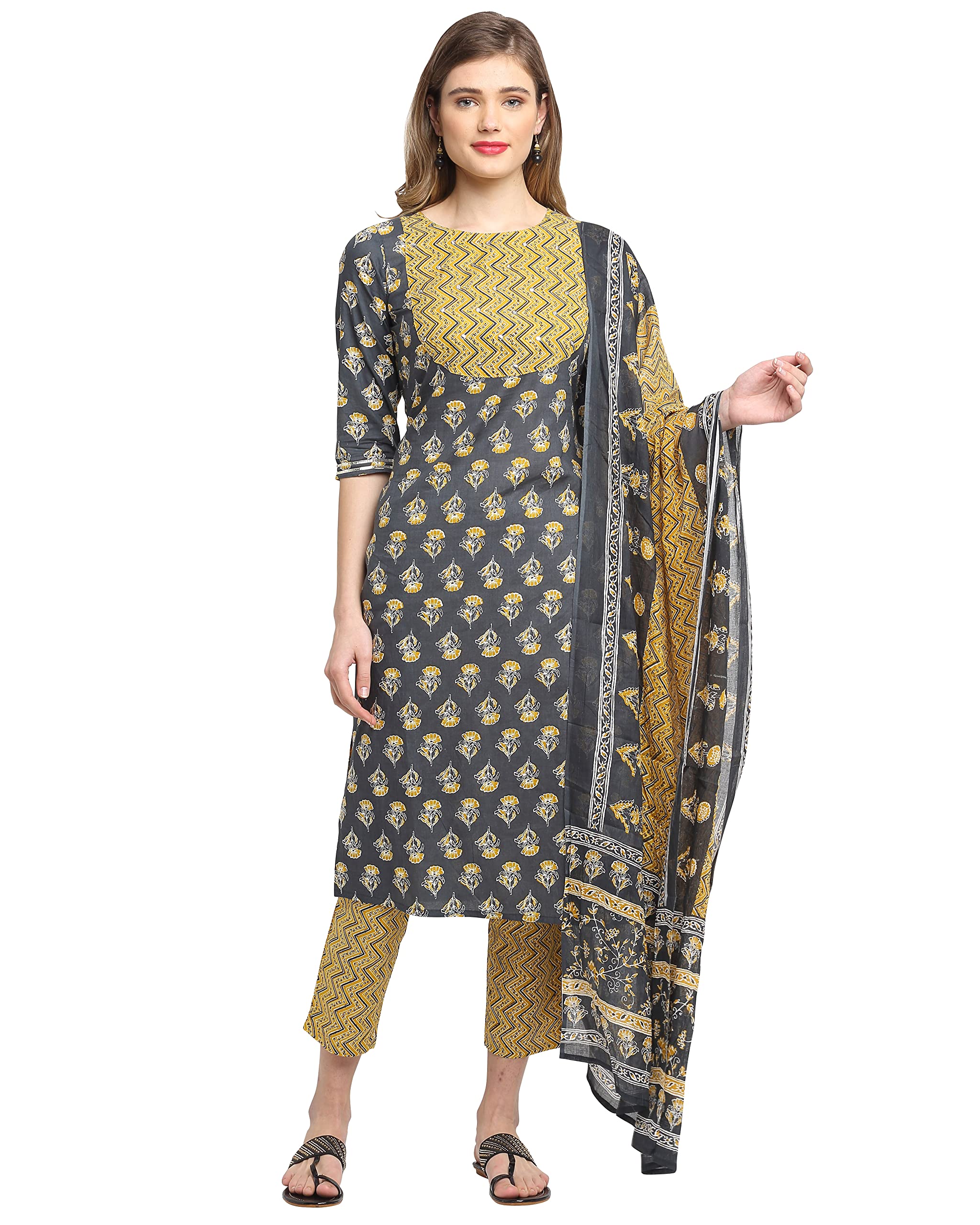 Monira Women's Pure Cotton Embroidered Straight Kurta Set With Dupatta (Ready To Wear; Grey; S To 2XL)(MONVL248-P)