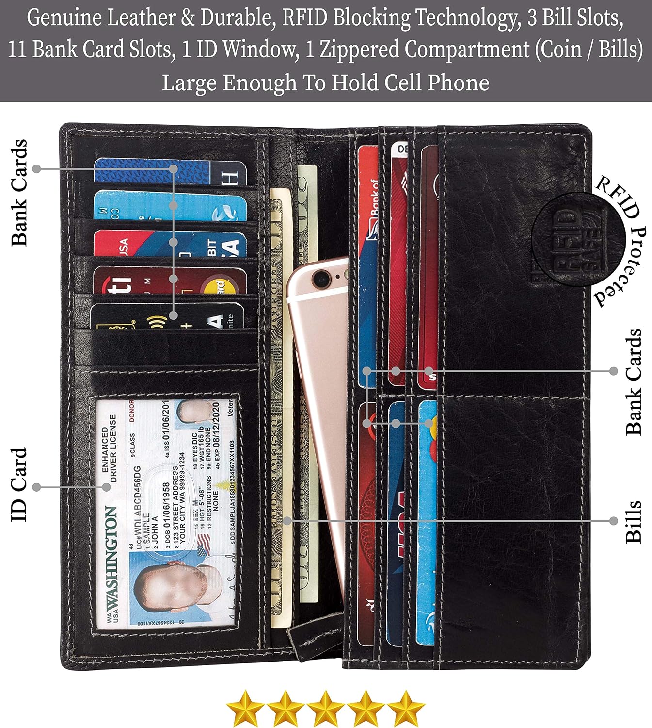 RFID Blocking Mens Genuine leather Bifold Long Wallet