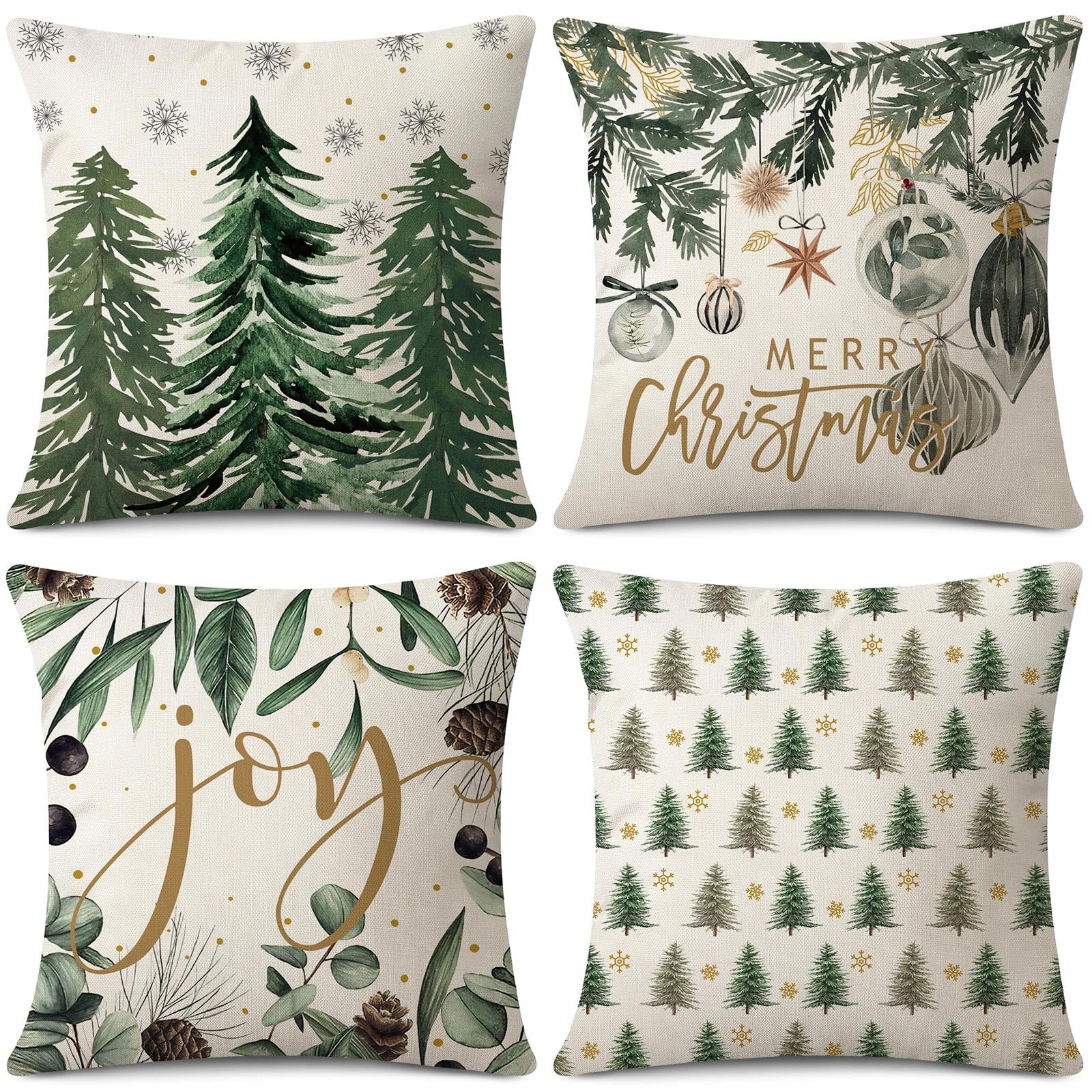 Sungeek Merry Christmas Cushion Covers 40x40 cm Set of 4, Christmas Tree Ball Joy Pillow Covers Winter Holiday Xmas Decorative Throw Pillow Cases for Sofa Couch Bedroom Living Room
