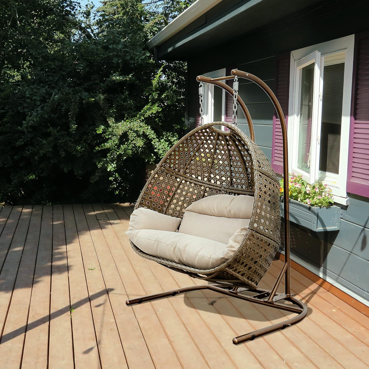 Trustmade 2-Person Hanging Egg Chair With Stand, Wicker Rattan Swing Chair, UV Resistant Cushion for Indoor Bedroom, Outdoor Garden Backyard