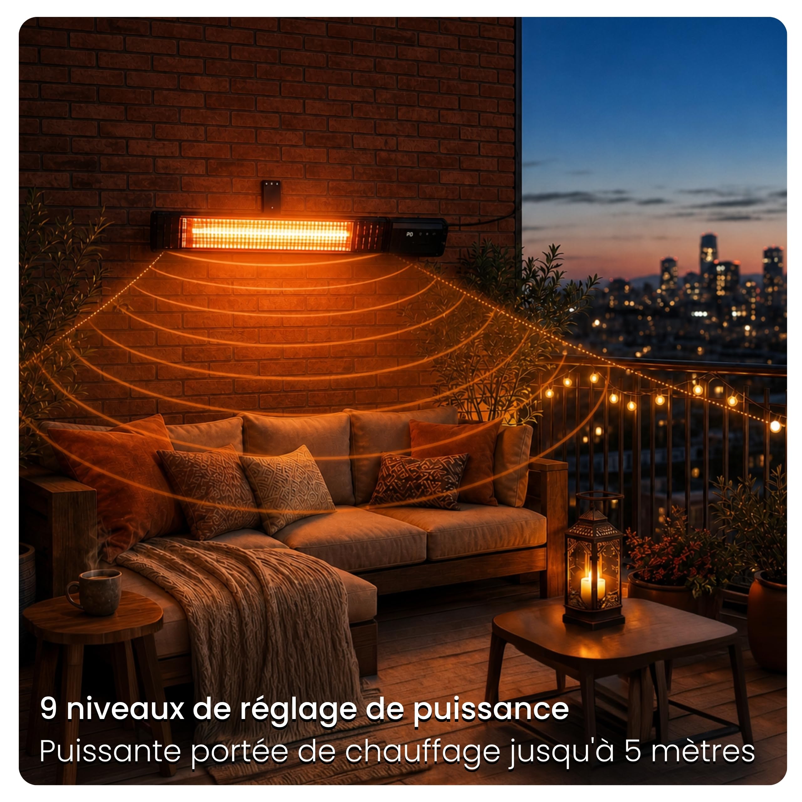 Radiateur infrarouge 2500W WiFi, 9 Niveaux, IP65, Carbone, Chauffage exterieur terrasse, Chauffage d'appoint, Radiateur electrique, Chauffage electrique RAY, Garage, Maison, Atelier