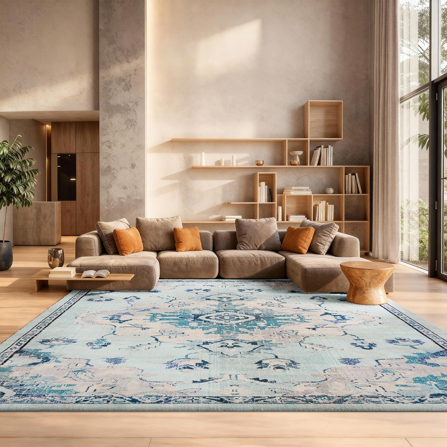 SAFAVIEH Madison Collection 8' x 10' TealBeige MAD484J Boho Chic Medallion Distressed Non-Shedding Living Room Dining Bedroom Area Rug