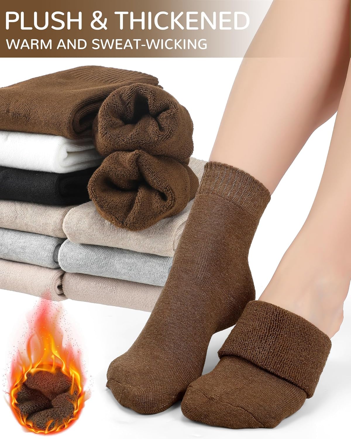 Shihanee 12 Pairs Neutral Socks for Women Fuzzy Thermal Brown Crew Boot Socks Casual Aesthetic Slouch Warmer for Athletic Fall Boot Essentials - Image 2
