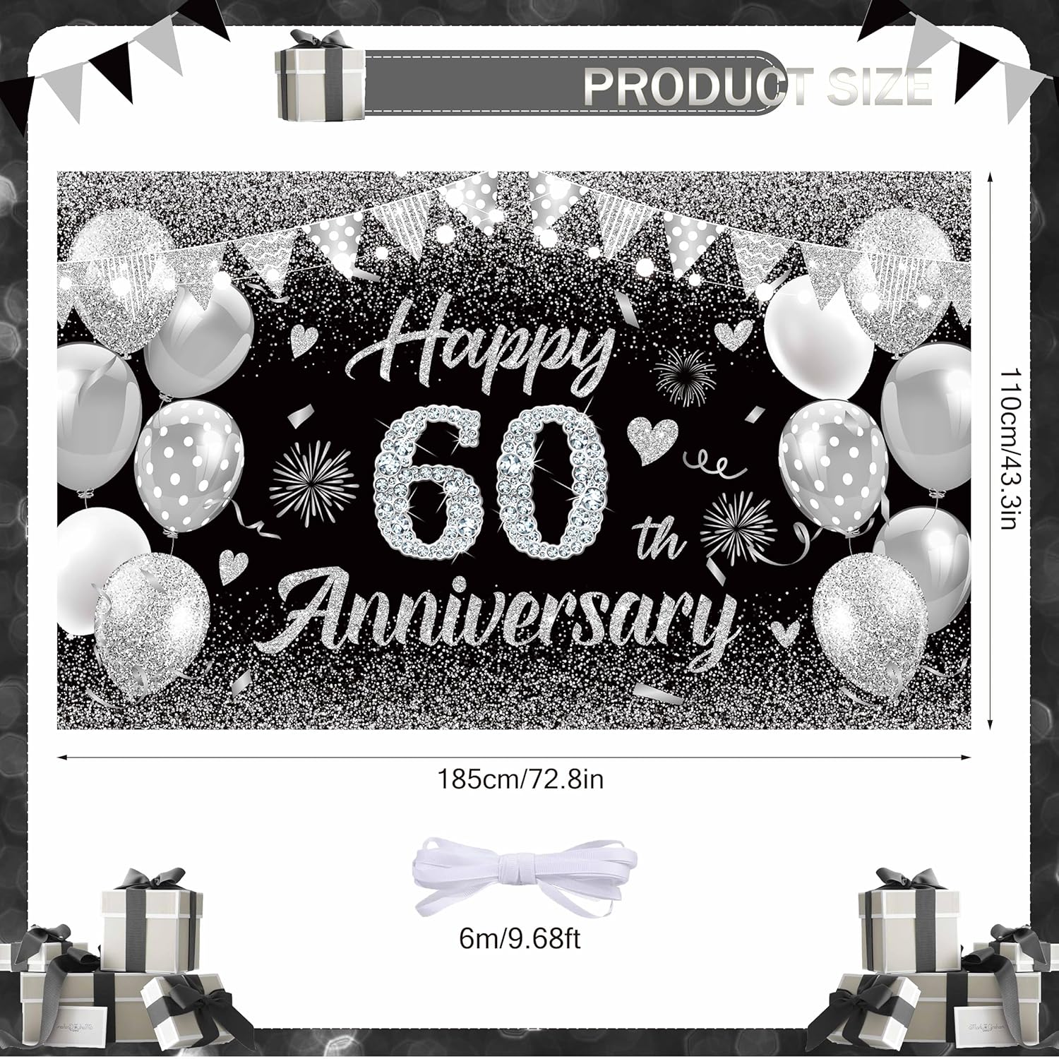 Happy 60th Anniversary Banner Decor Black Silver – Glitter Love Heart Happy 60 Years Wedding Anniversary Party Backdrop Theme Decorations for Women Men Supplies - Image 3