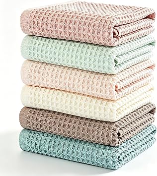vfaejll Kitchen Towels Set 6 Pack, 100% Cotton Waffle Weave Dish Cloths & Dish Towels, 13x13 Inch Hand Towels for Kitchen, Absorbent Quick-Drying Dish Rags for Washing Dishes, 6 Colors