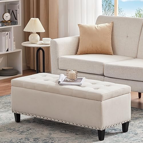 Miniatura 2 de HUIMO Otomana con almacenamiento, otomana tapizada de tela de 41 pulgadas con bisagra de seguridad, banco de almacenamiento con botones, banco