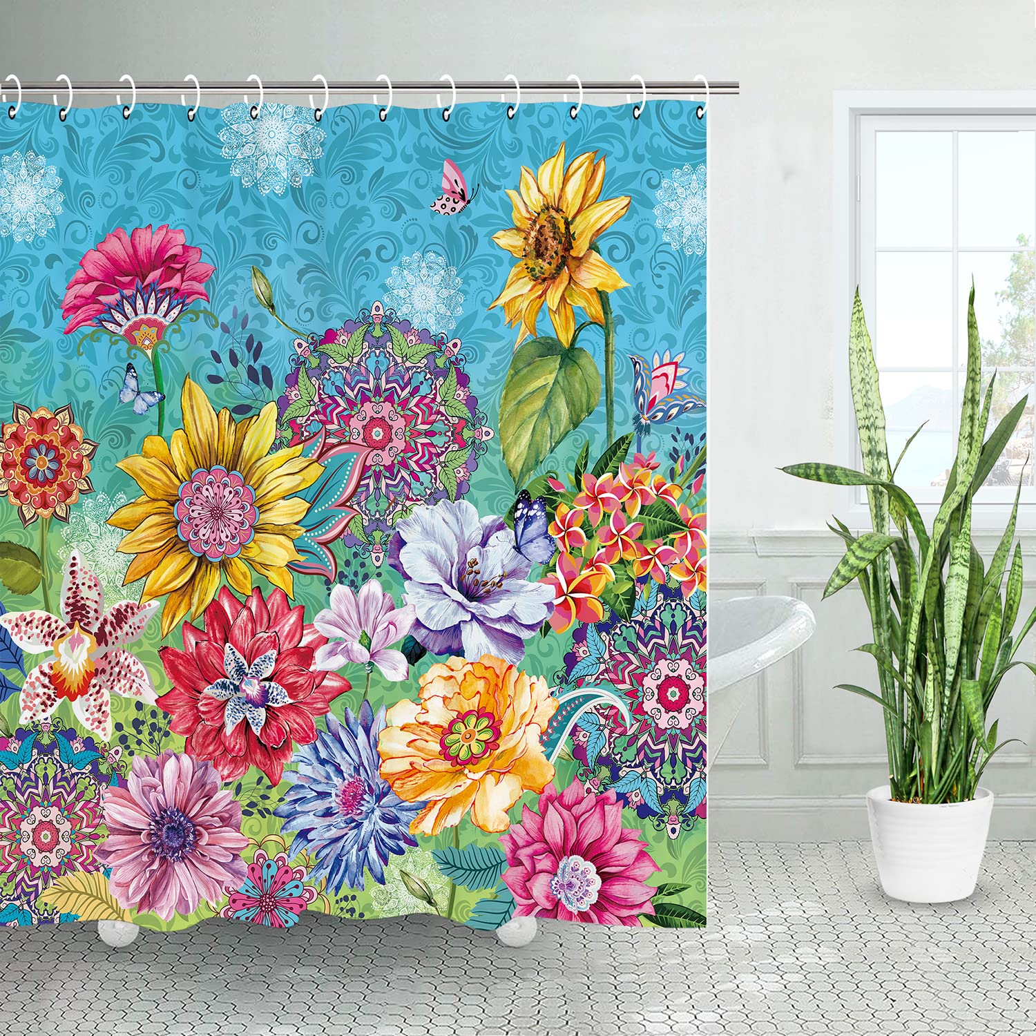 LIVILANColorful Floral Shower Curtain, Yellow Sunflower Shower Curtain with 12 Hooks, Blue Sky Shower Curtain for Bathroom, 72''W x 72''H