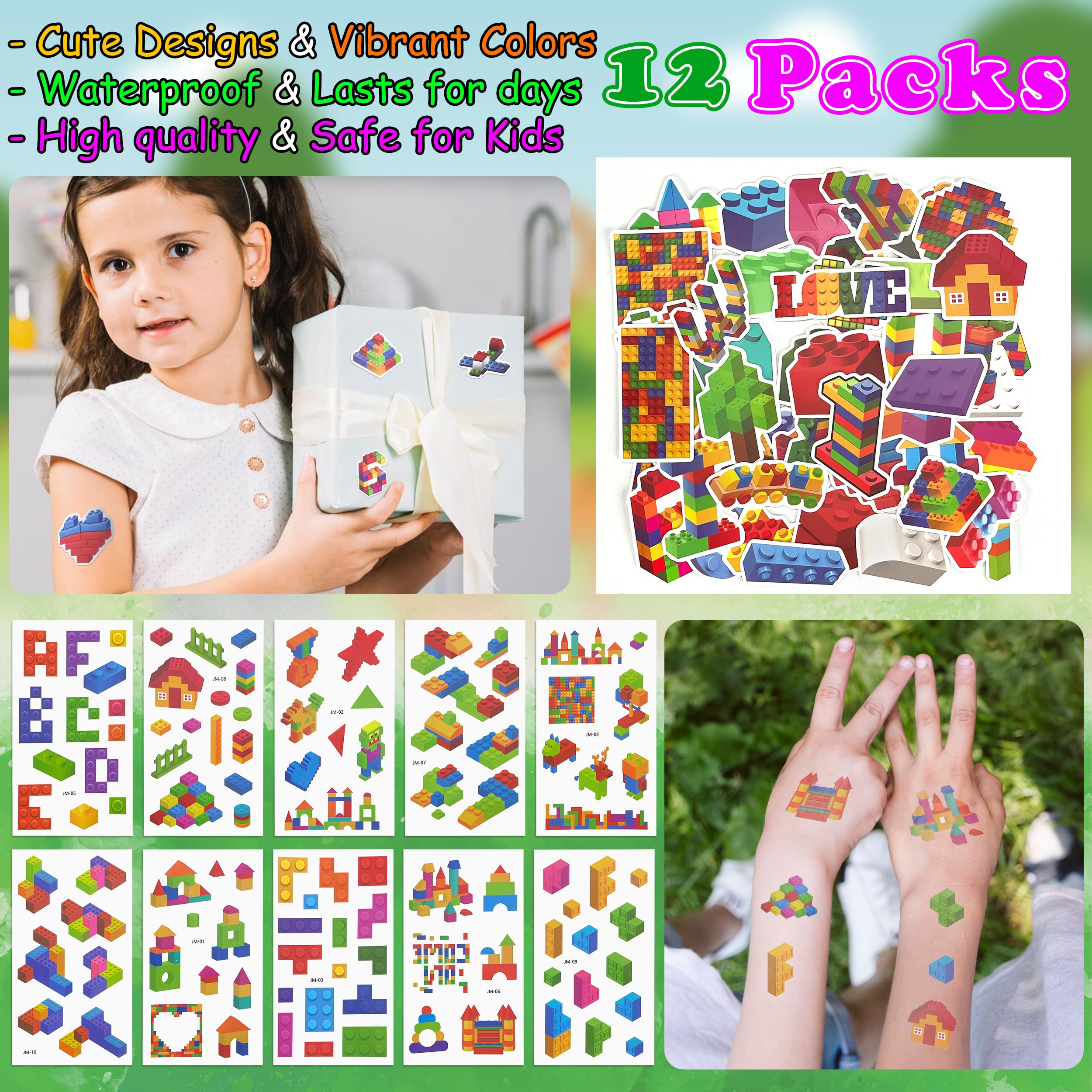 LINAYE 12 Packs Building Blocks Party Favors - 122 Pcs Birthday Party Favors Supplies with Goodie Bags, Animals Building Blocks, Notebooks, Tattoo Stickers Sheets Gift Bag Stuffers for Kids